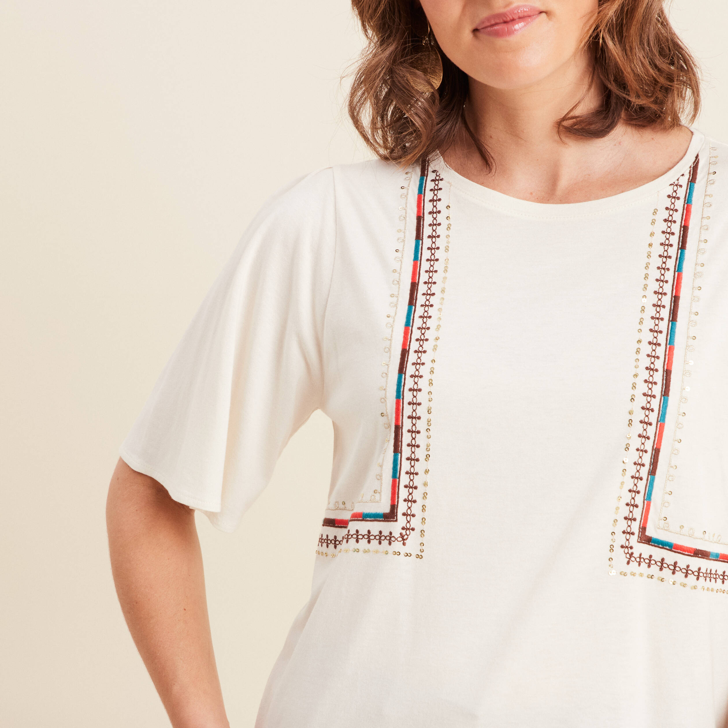 t shirt manches courtes brode ecru femme T-shirt manches courtes brodé ecru femme