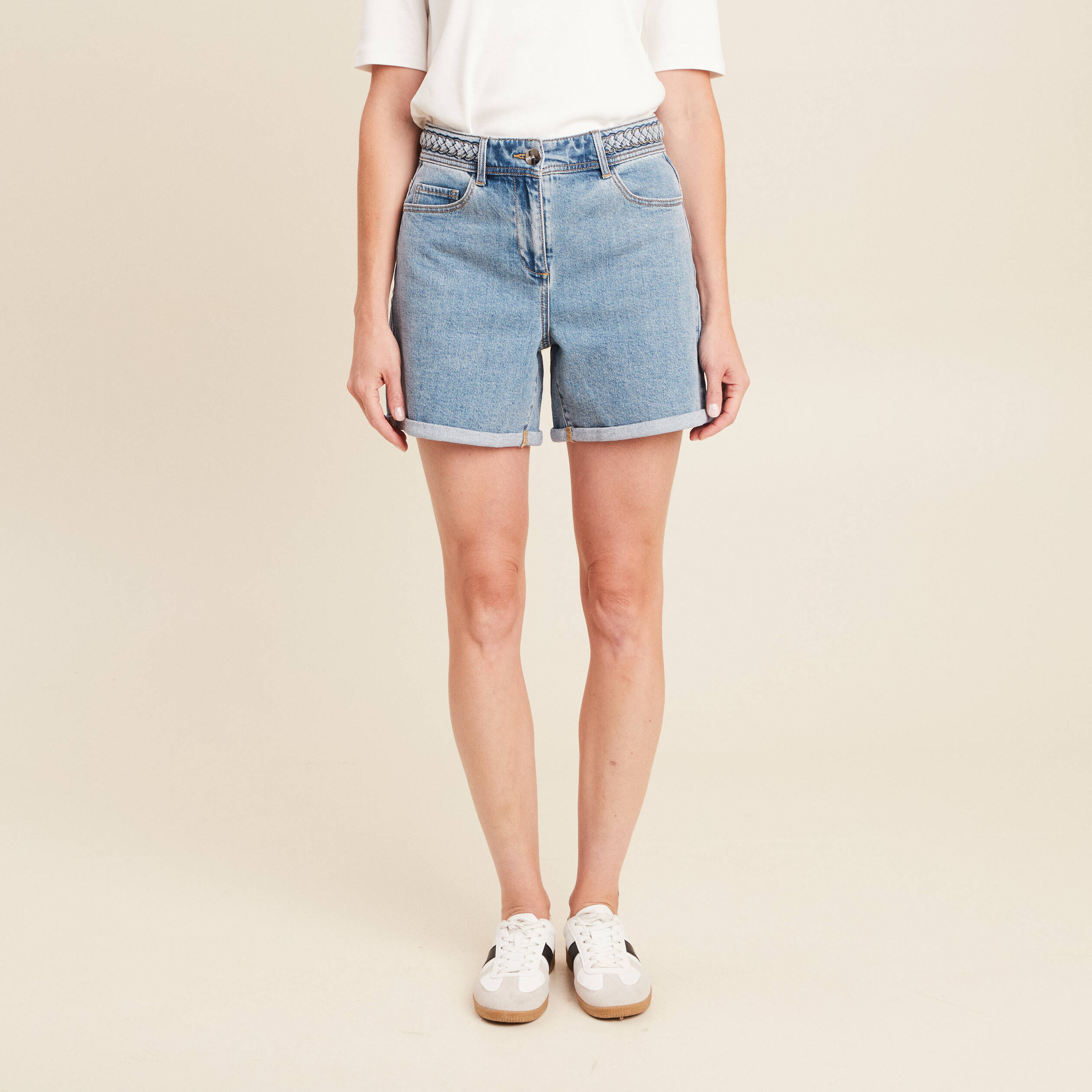 short large taille haute en jean denim double stone femme Short large taille haute en jean denim double stone femme
