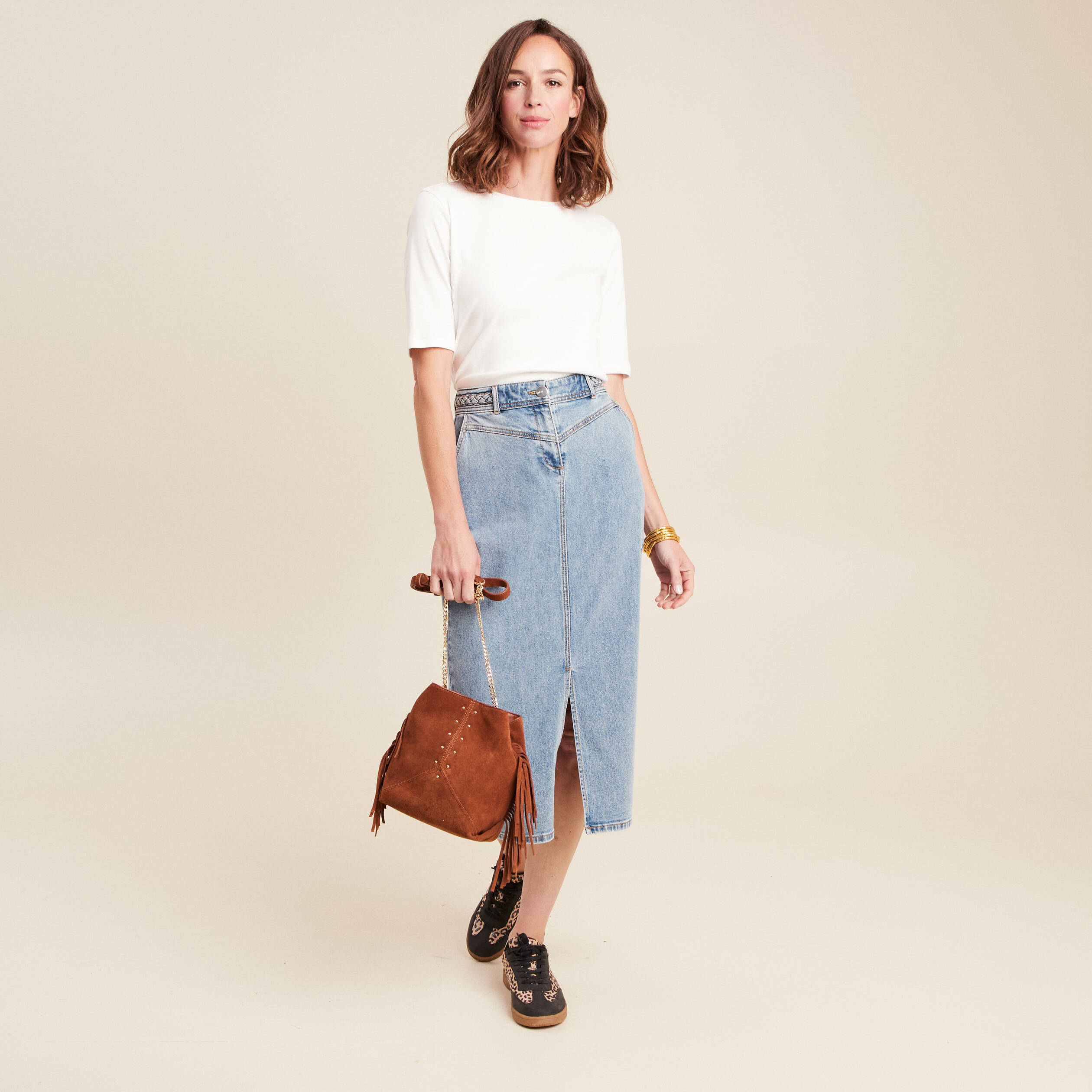 jupe longue droite taille haute en jean denim double stone femme Jupe longue droite taille haute en jean denim double stone femme