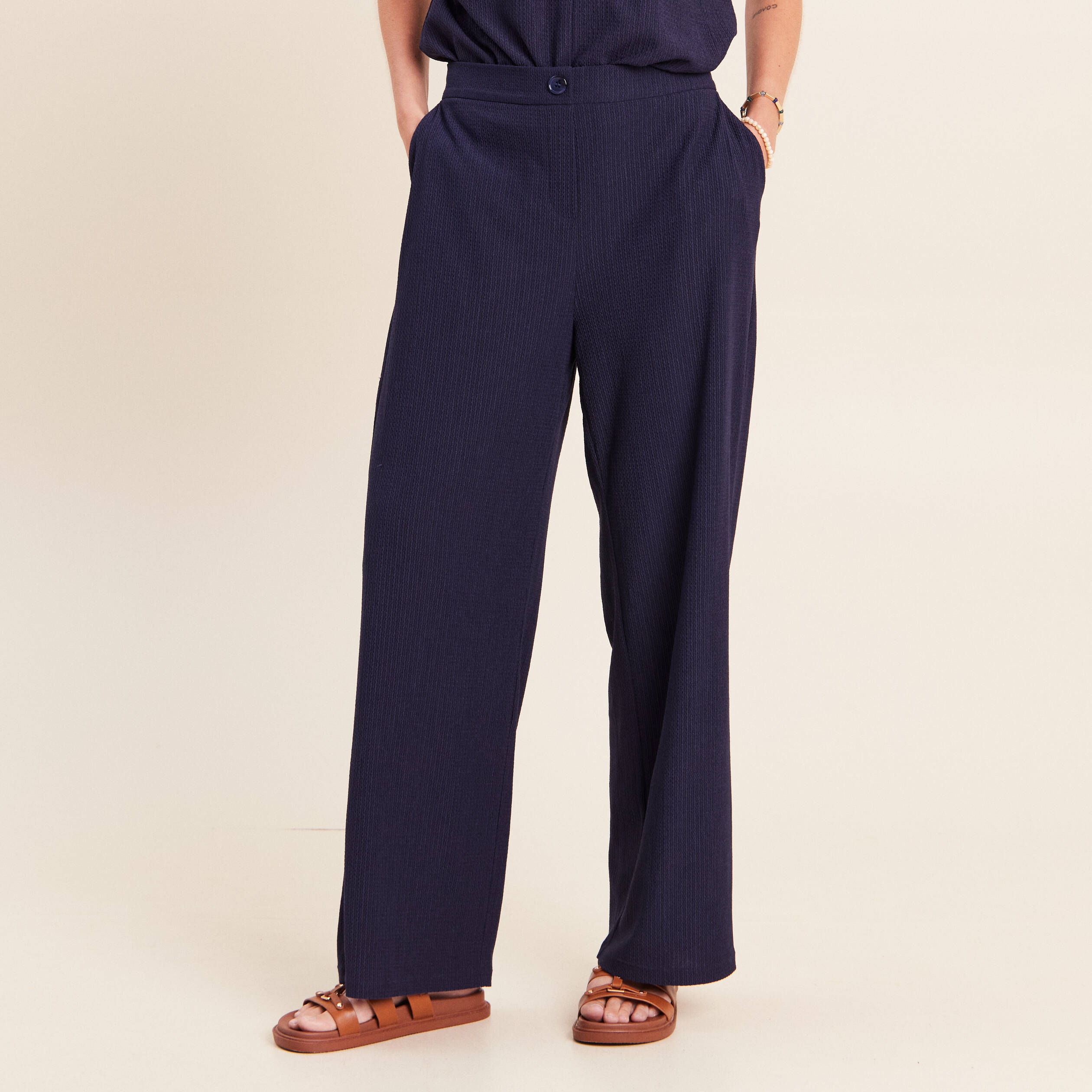 Pantalon large taille haute fluide bleu marine femme