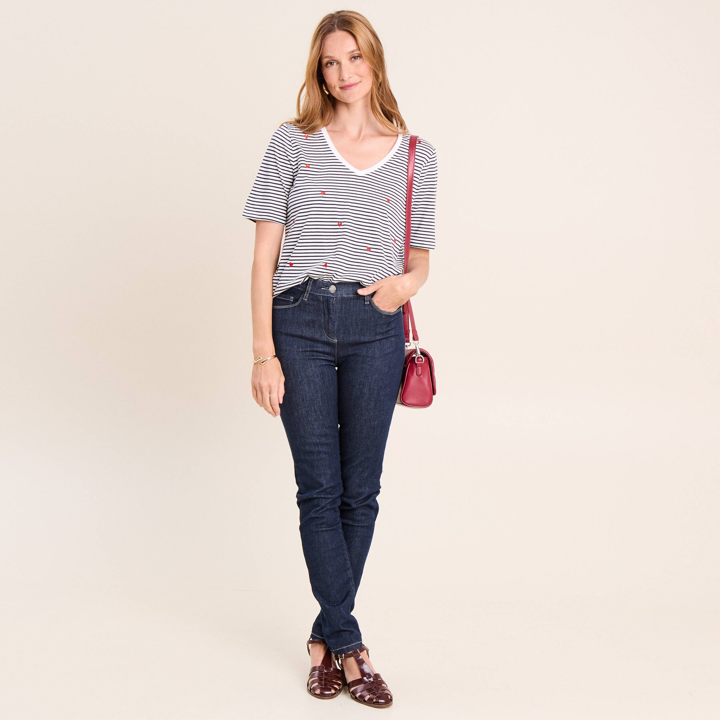 T-shirt droit broderie manches courtes bleu femme