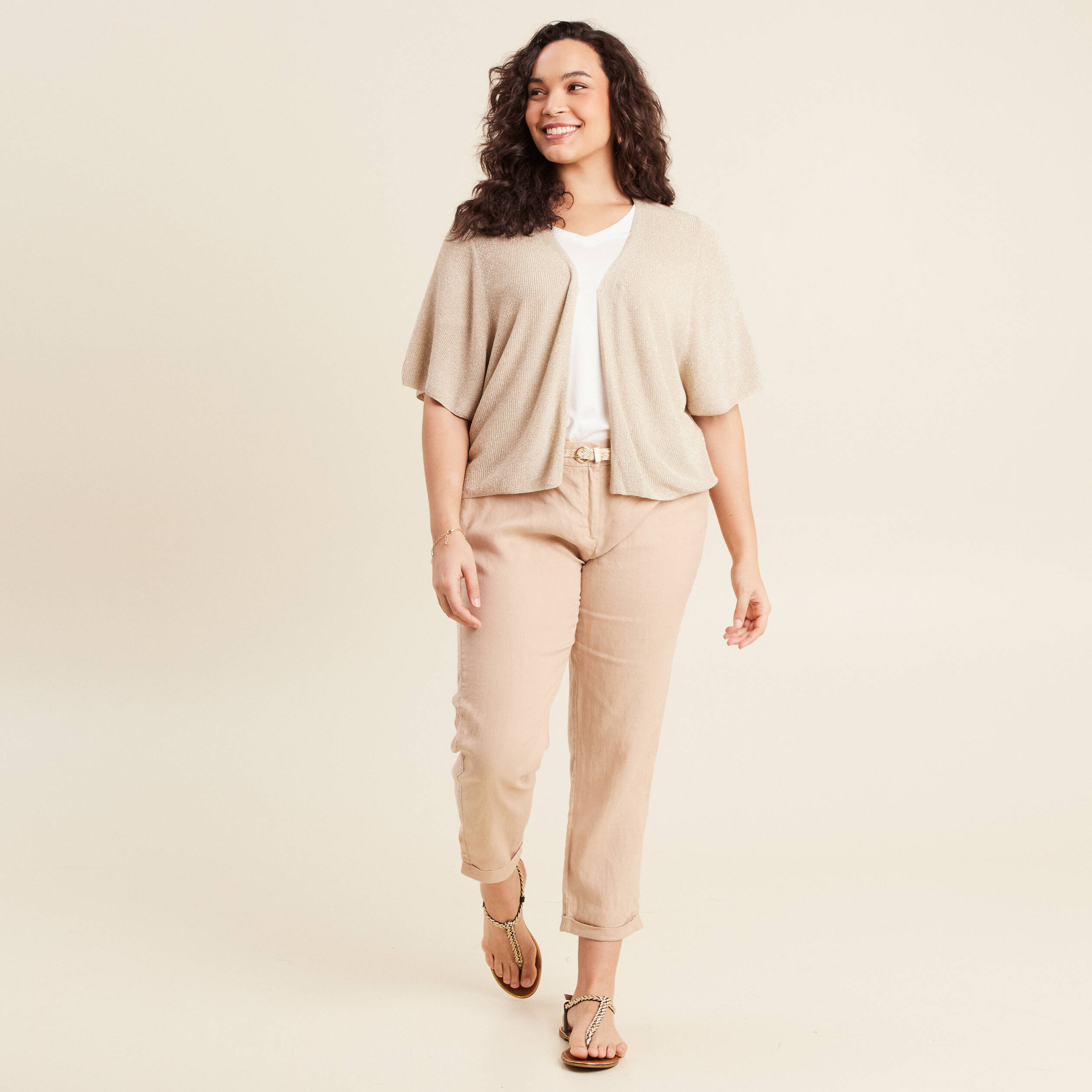 pantalon flou ceinture sable femme Pantalon flou ceinturé sable femme