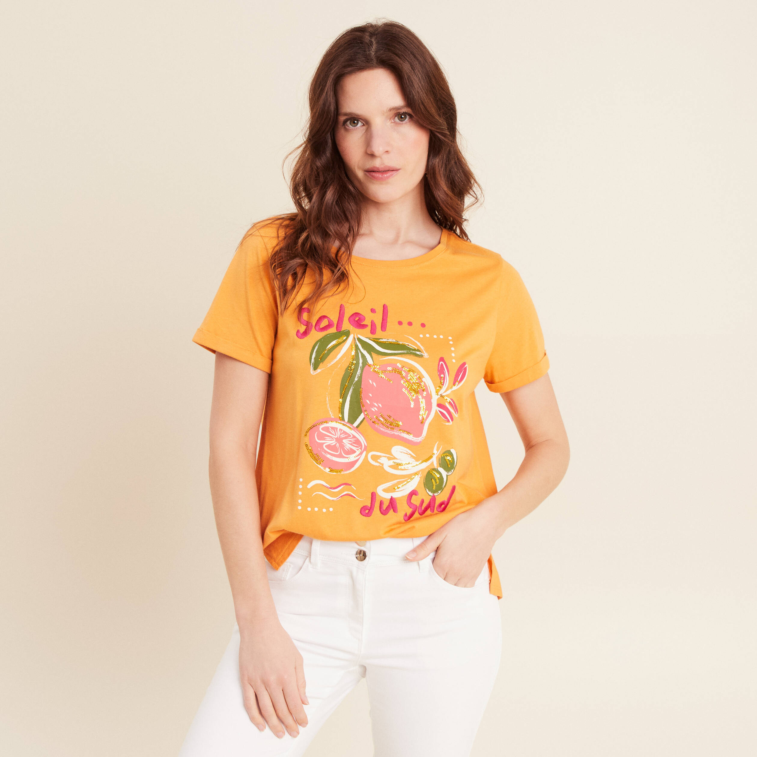 t shirt manches courtes orange clair femme T-shirt manches courtes orange clair femme