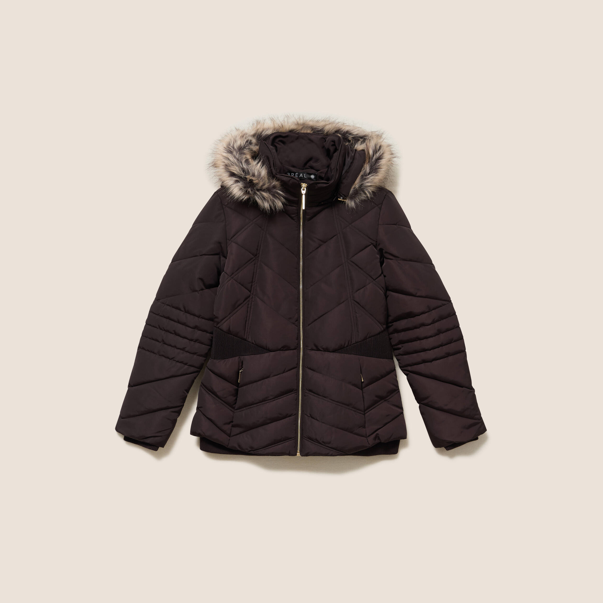 Doudoune cintr&eacute;e capuche manches longues marron fonc&eacute; femme