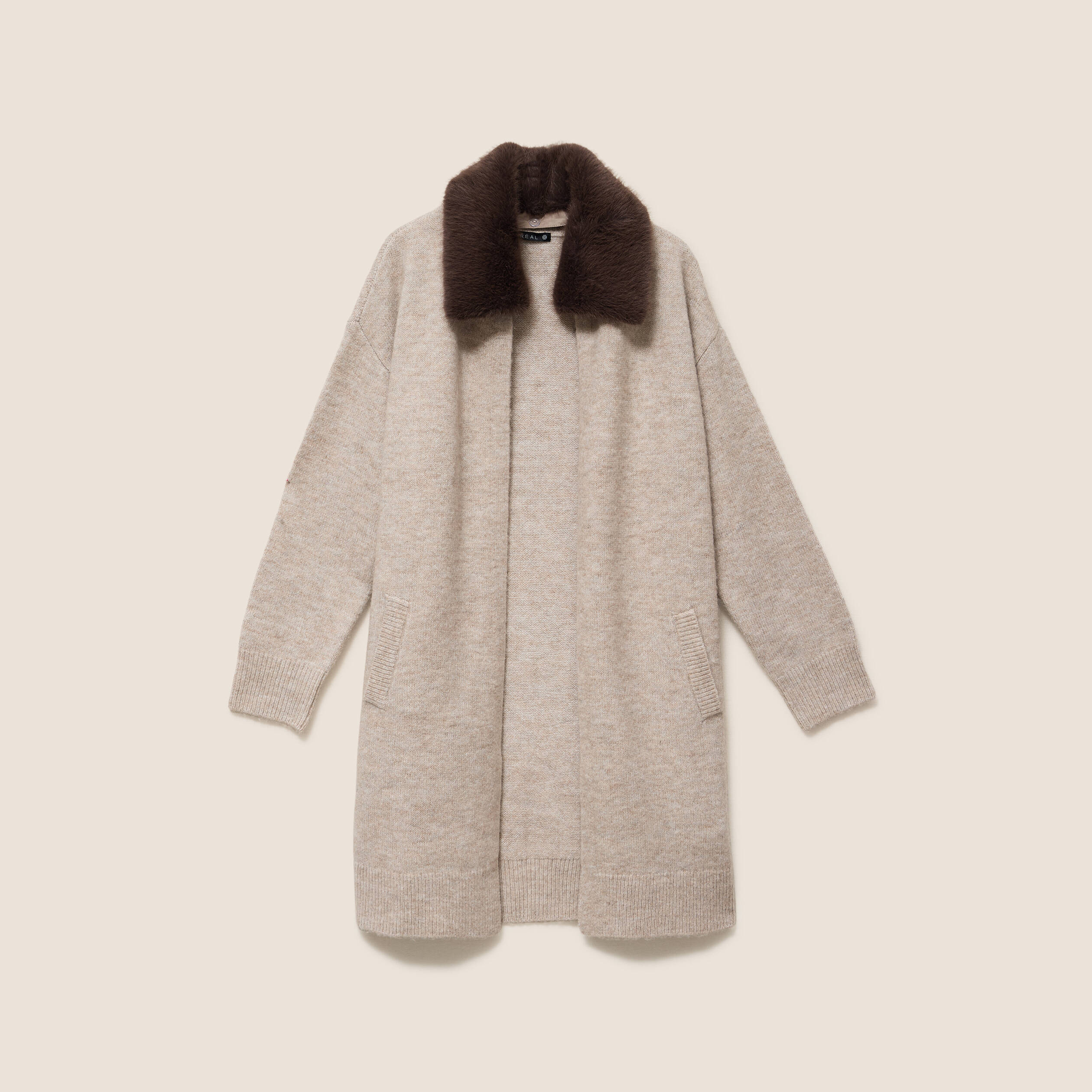 Gilet droit long col chemise beige femme