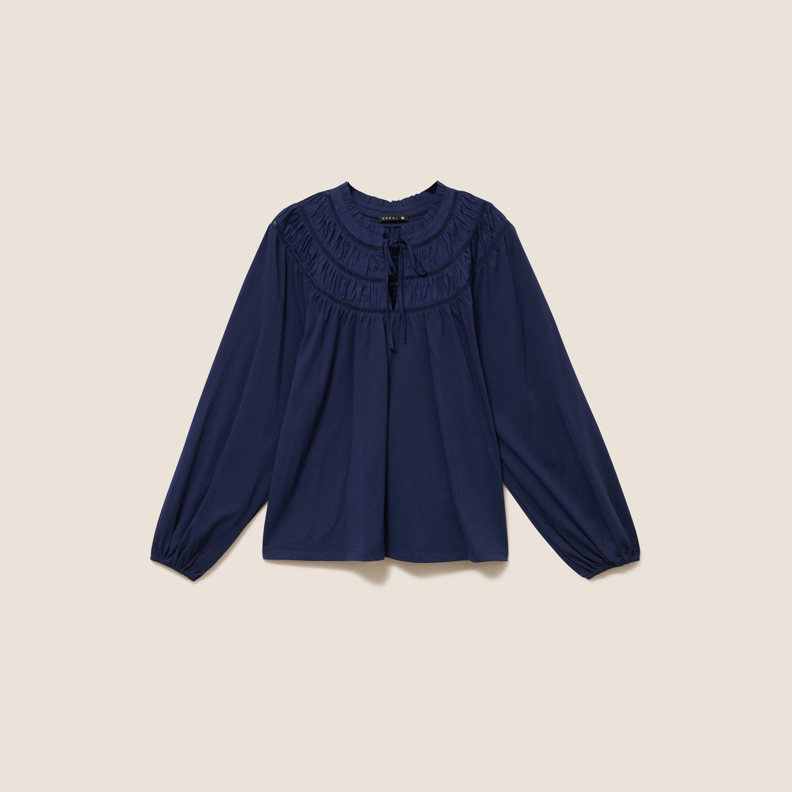 Blouse col tunisien manches longues bleu marine femme