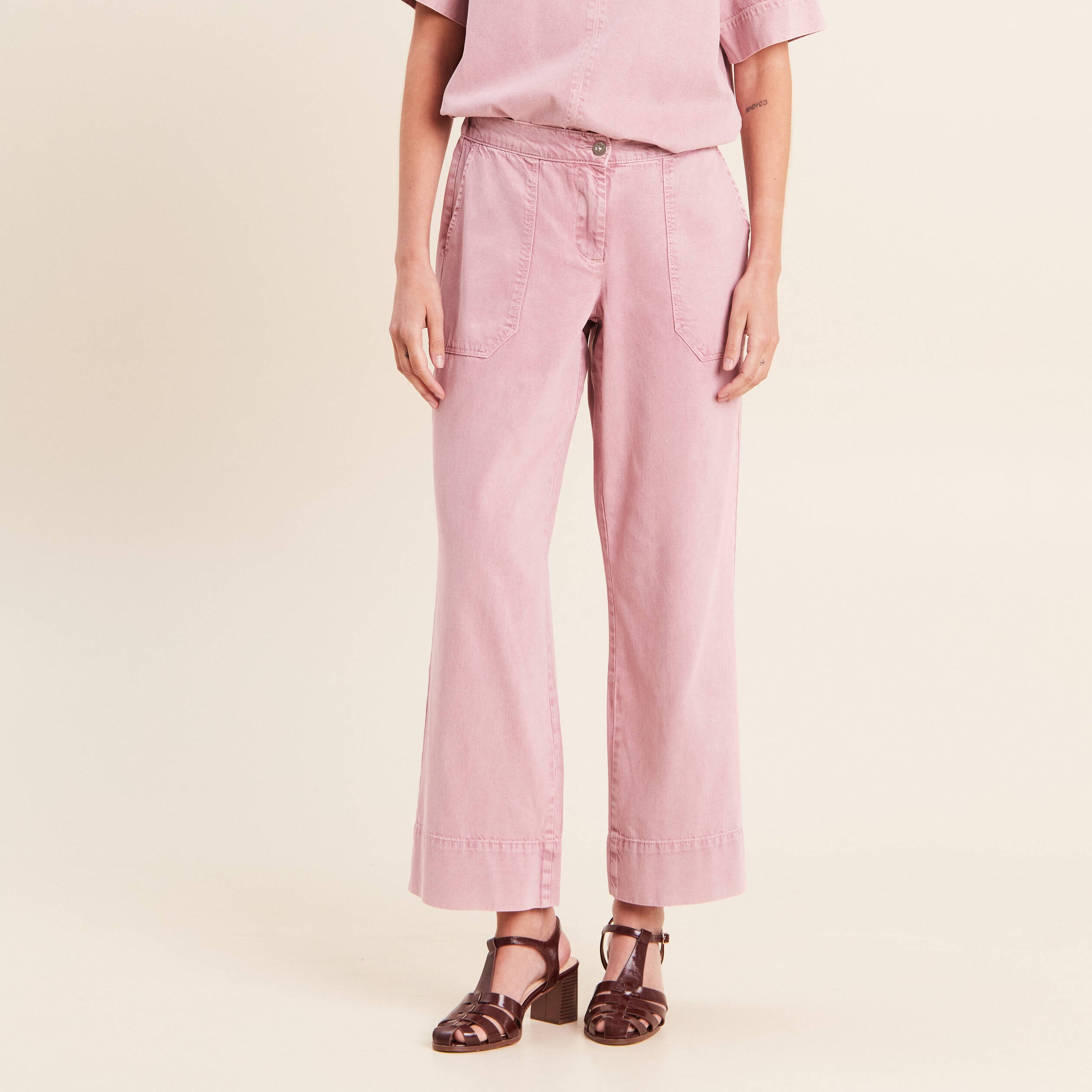 Pantalon large taille haute fluide rose femme