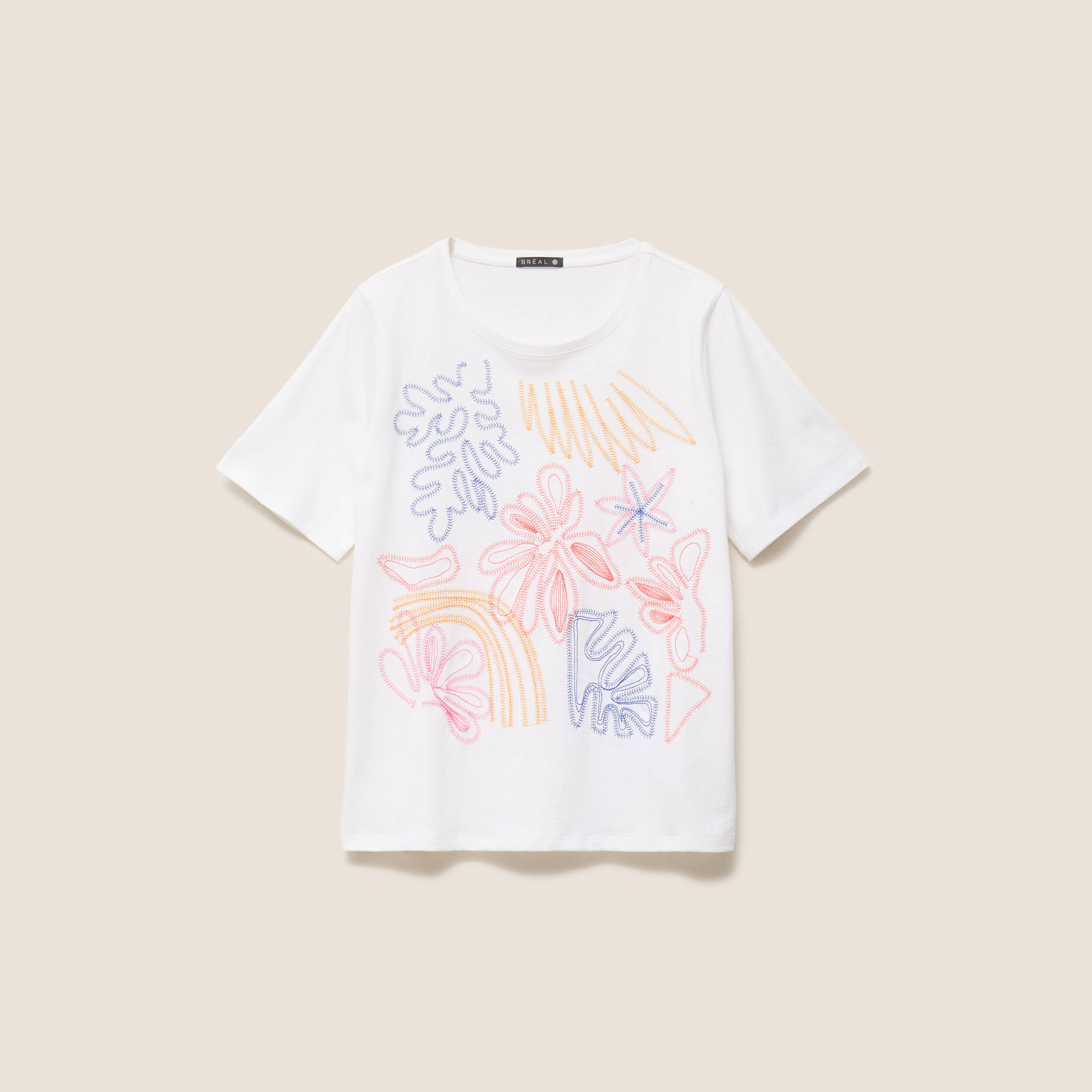 T-shirt col rond manches courtes brod&eacute; blanc femme