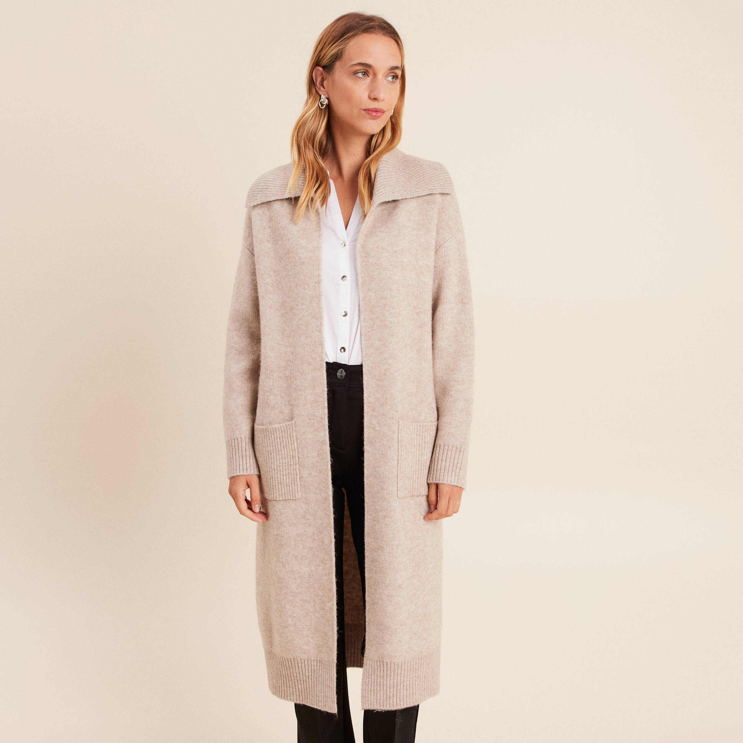 Gilet manches longues avec poches creme femme