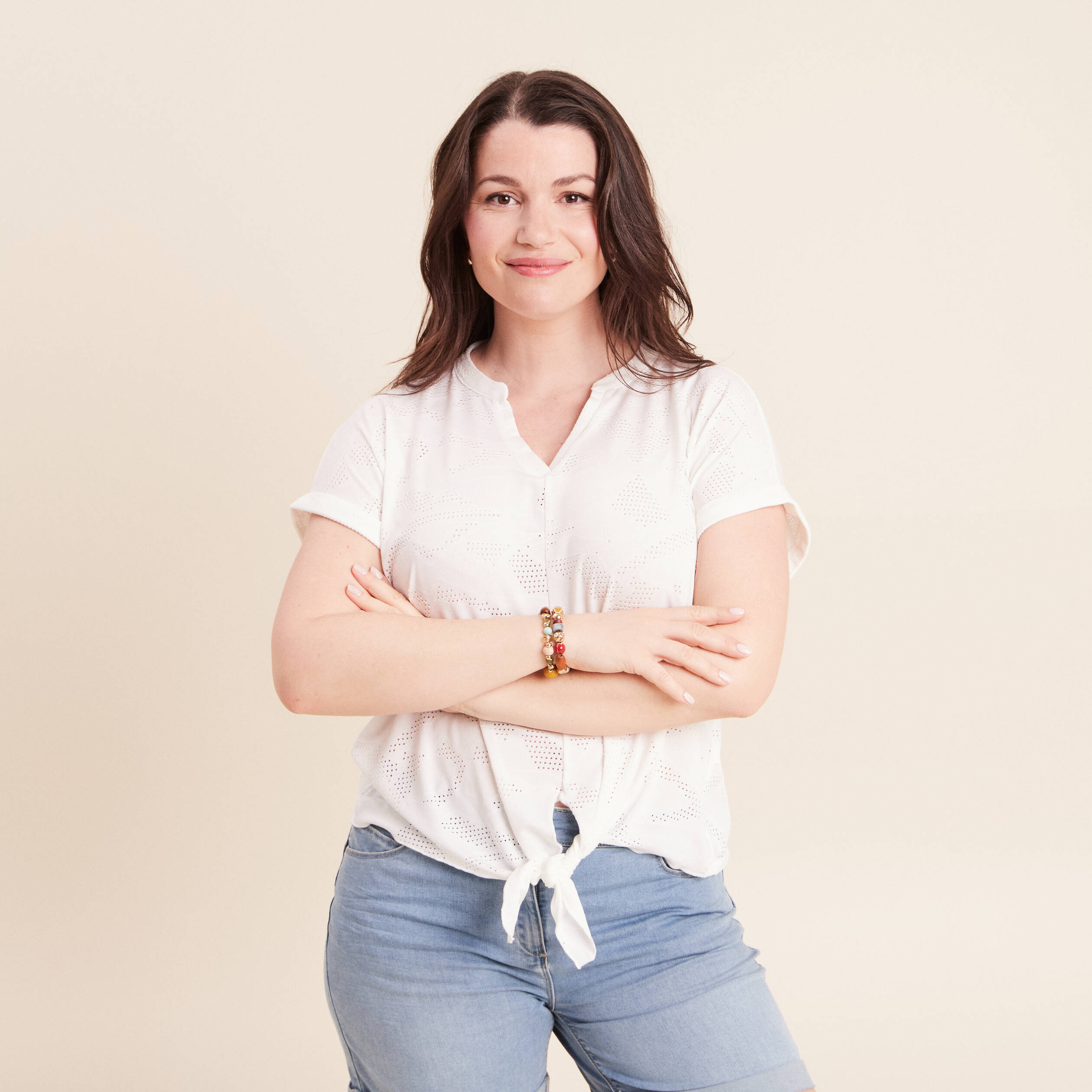 T-shirt col tunisien manches courtes blanc femme
