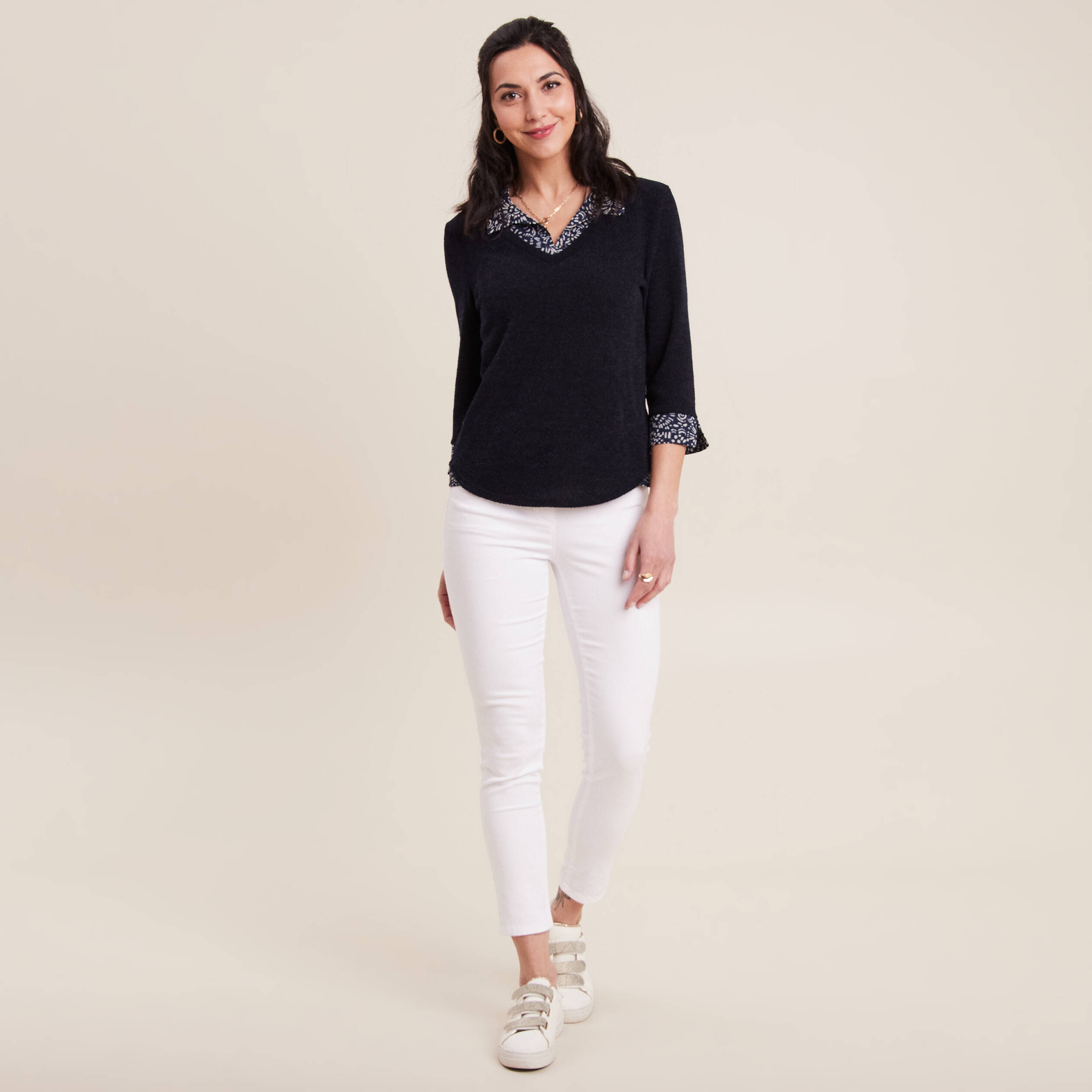 t shirt manches 34 2 en 1 bleu marine femme T-shirt manches 3/4 2-en-1 bleu marine femme
