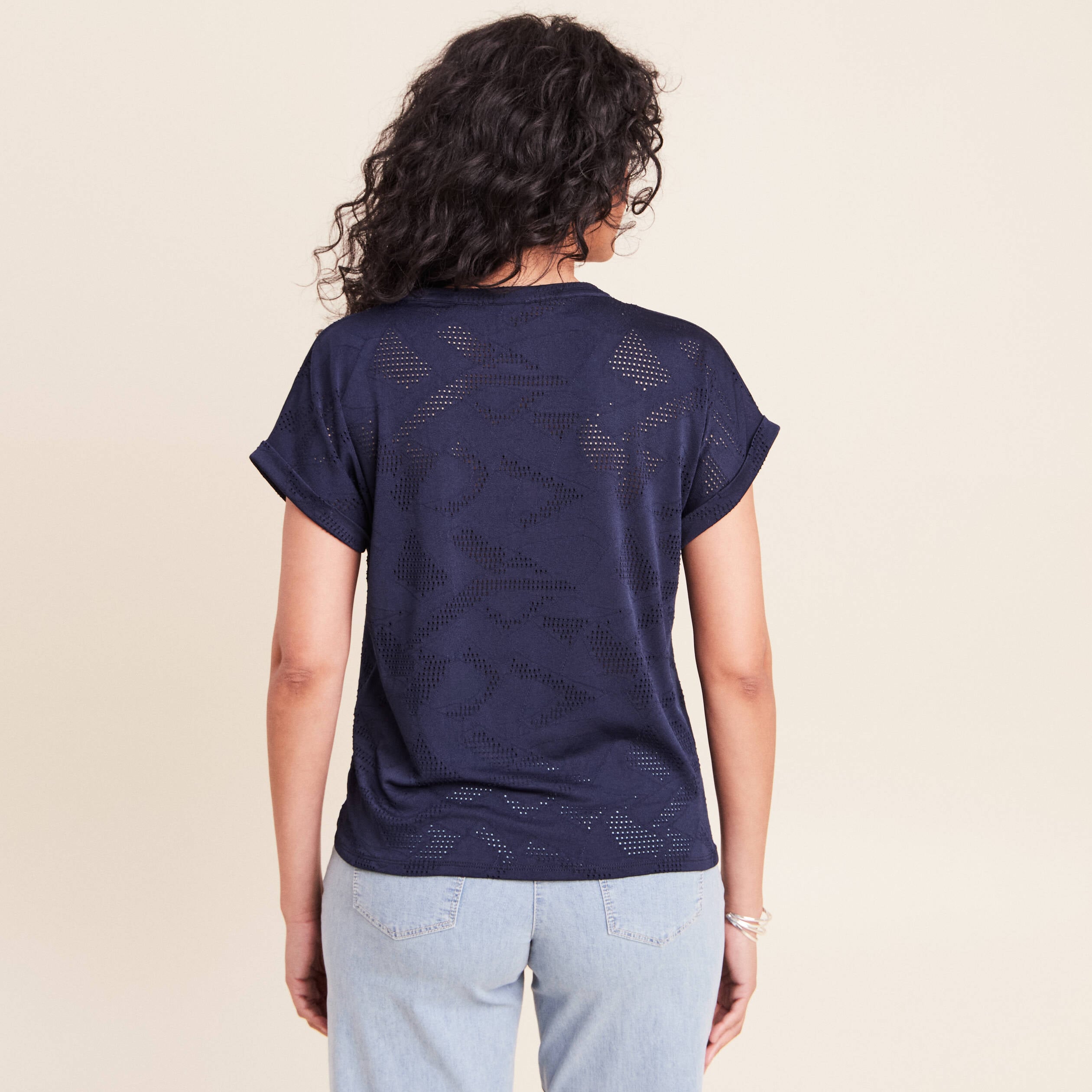 T-shirt col tunisien manches courtes bleu marine femme
