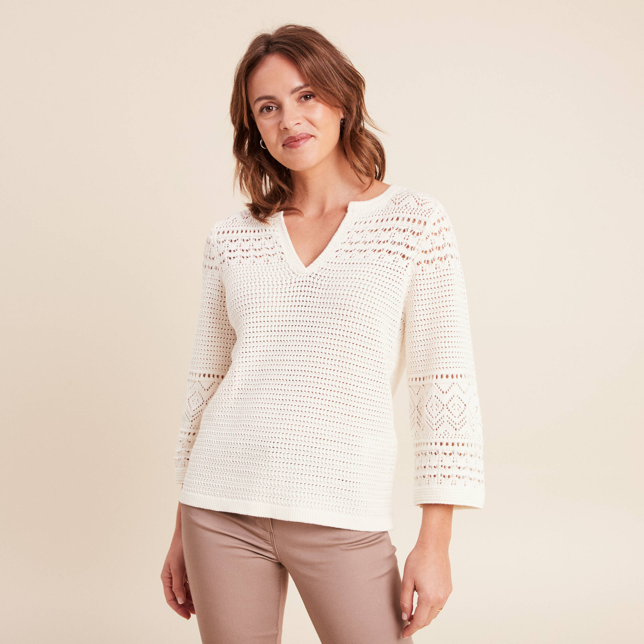 Pull col tunisien manches 3/4 ecru femme