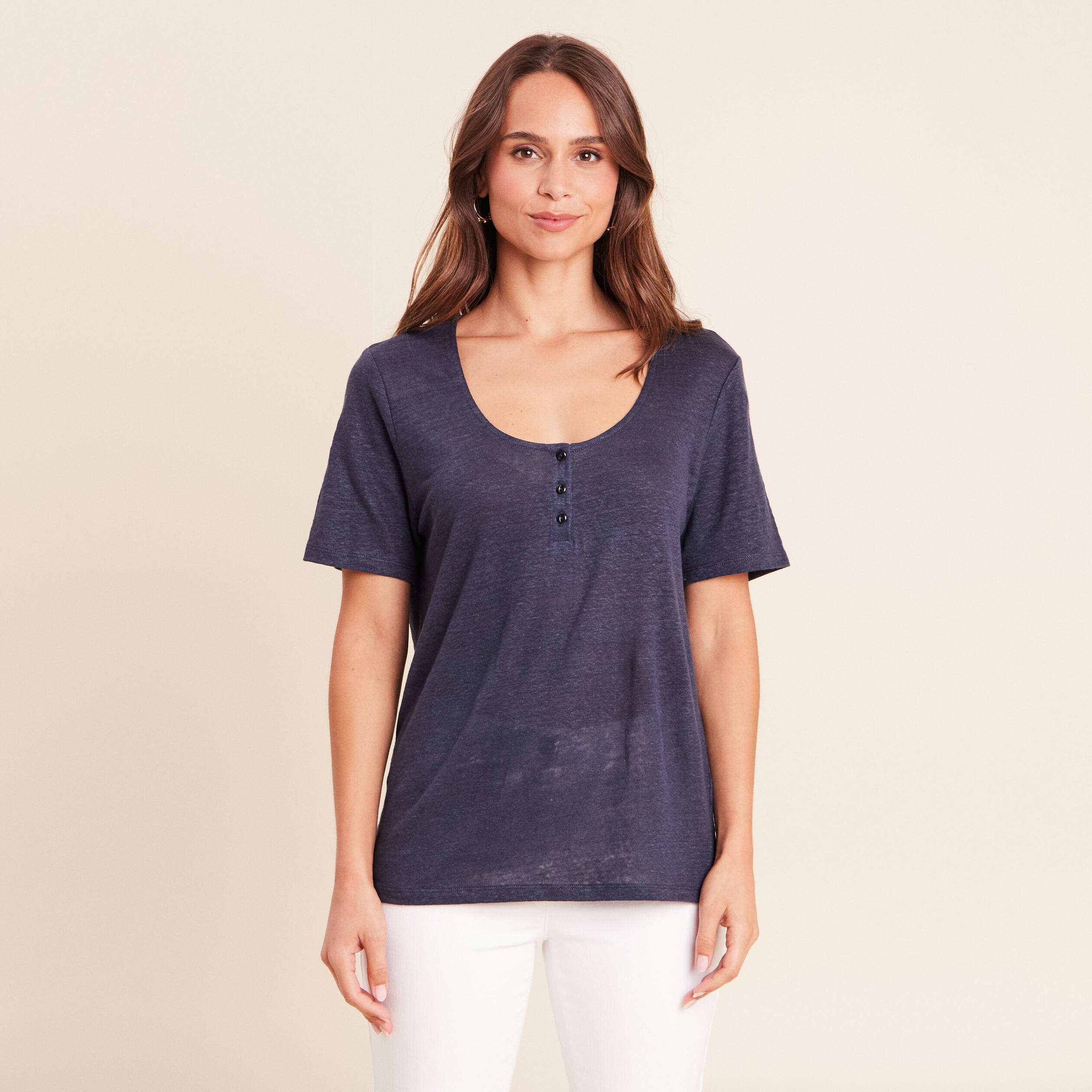 T-shirt droit col rond manches courtes bleu marine femme