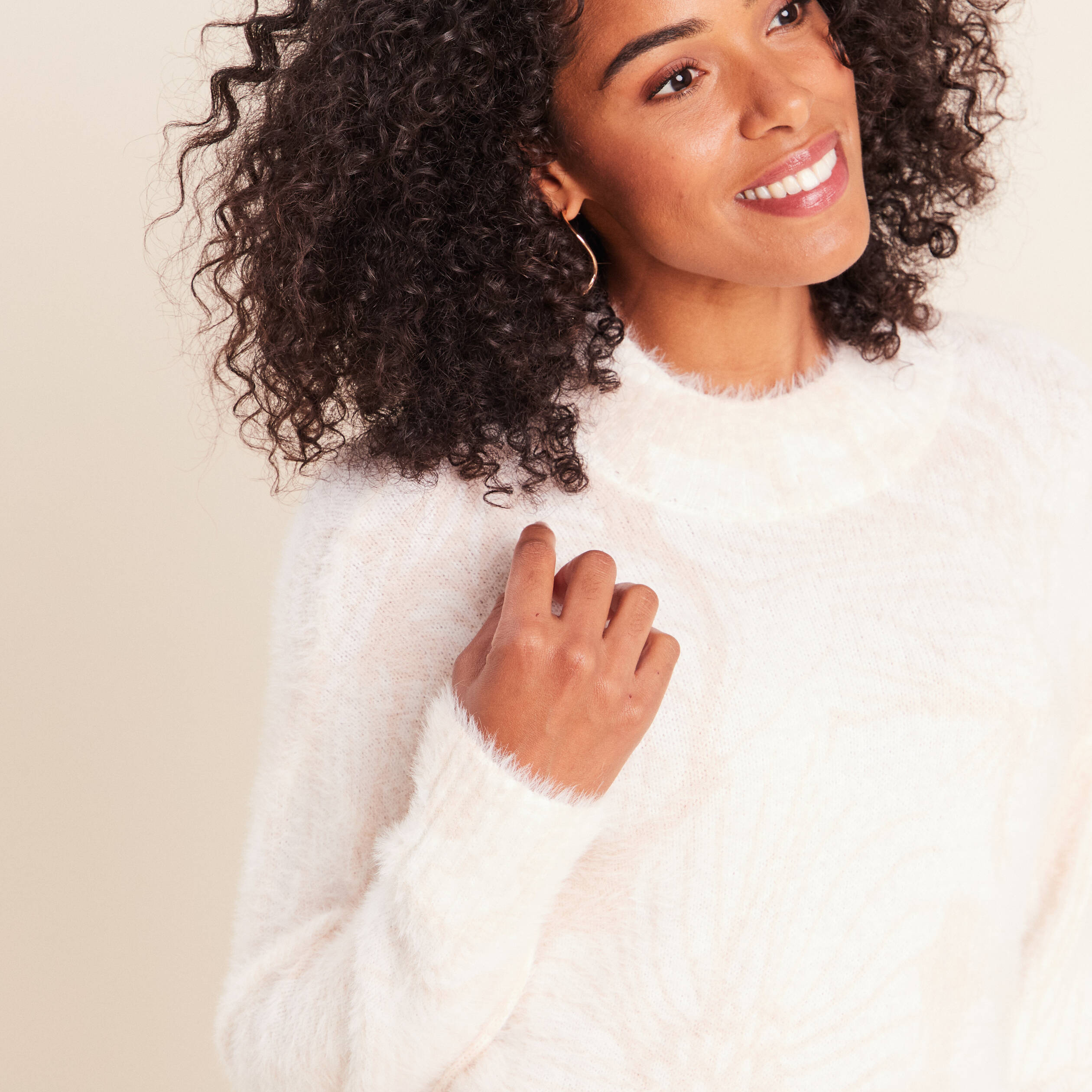 Pull col montant doux beige femme