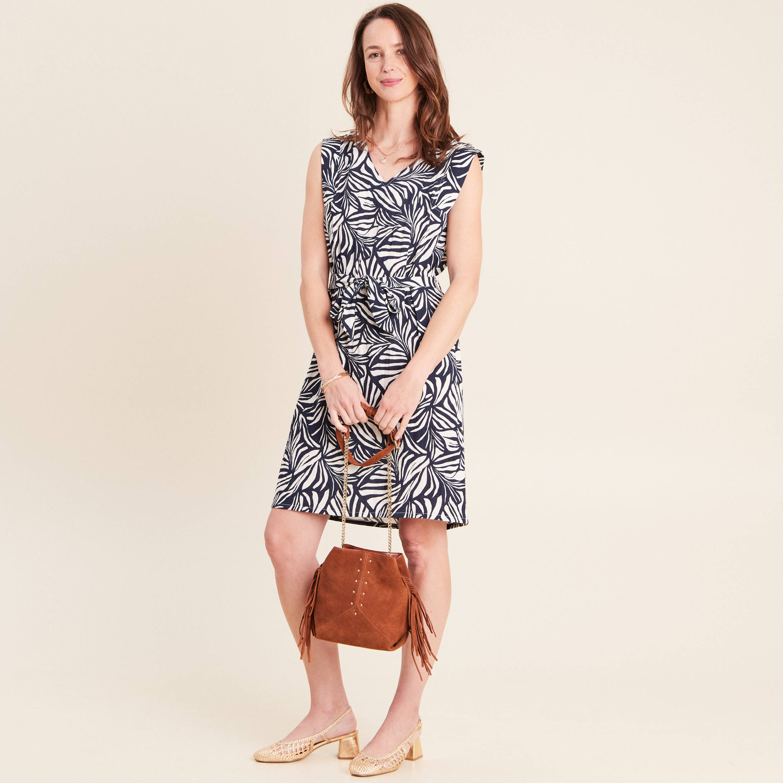 Robe droite courte sans manches col v bleu femme