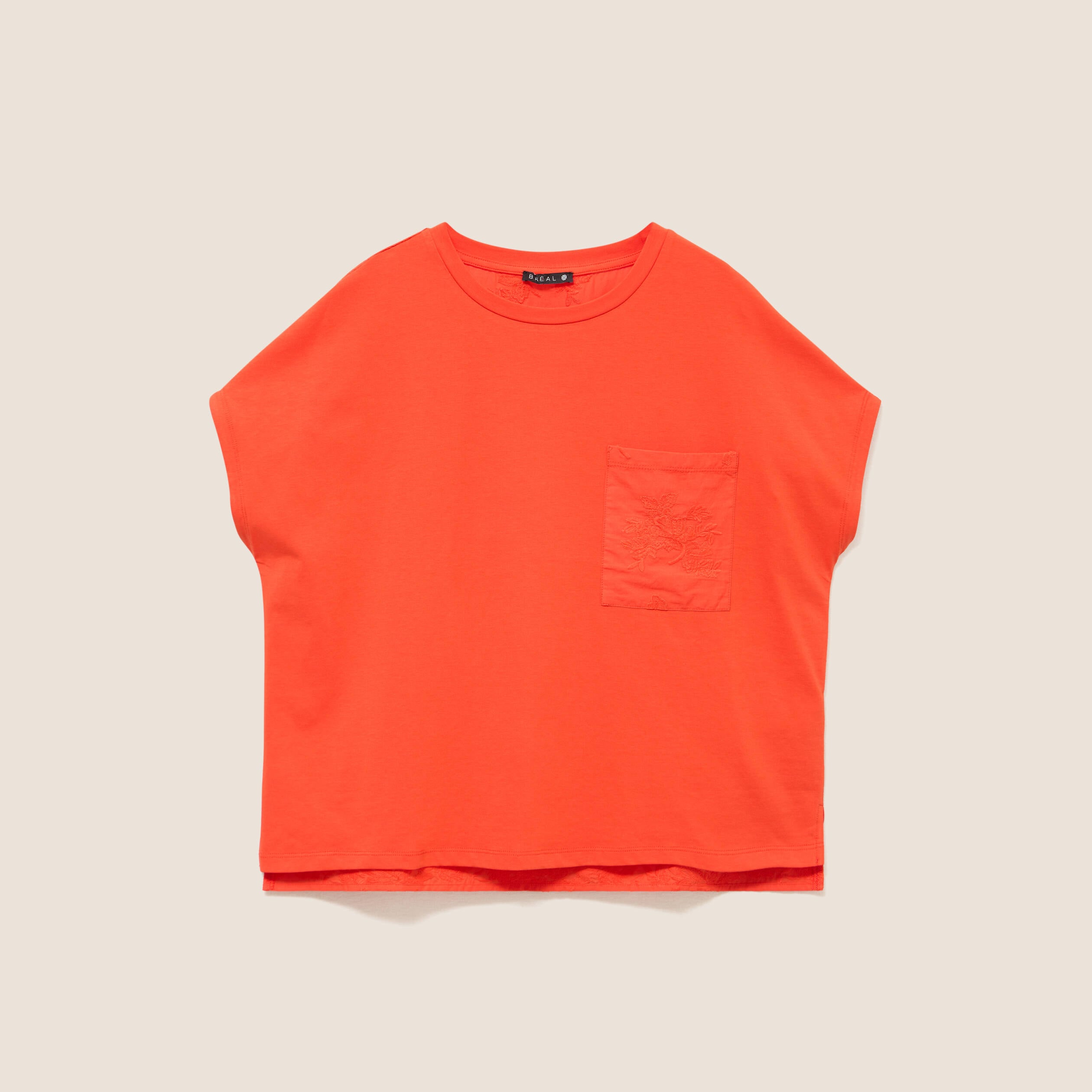 T-shirt col rond manches courtes poches orange fonc&eacute; femme