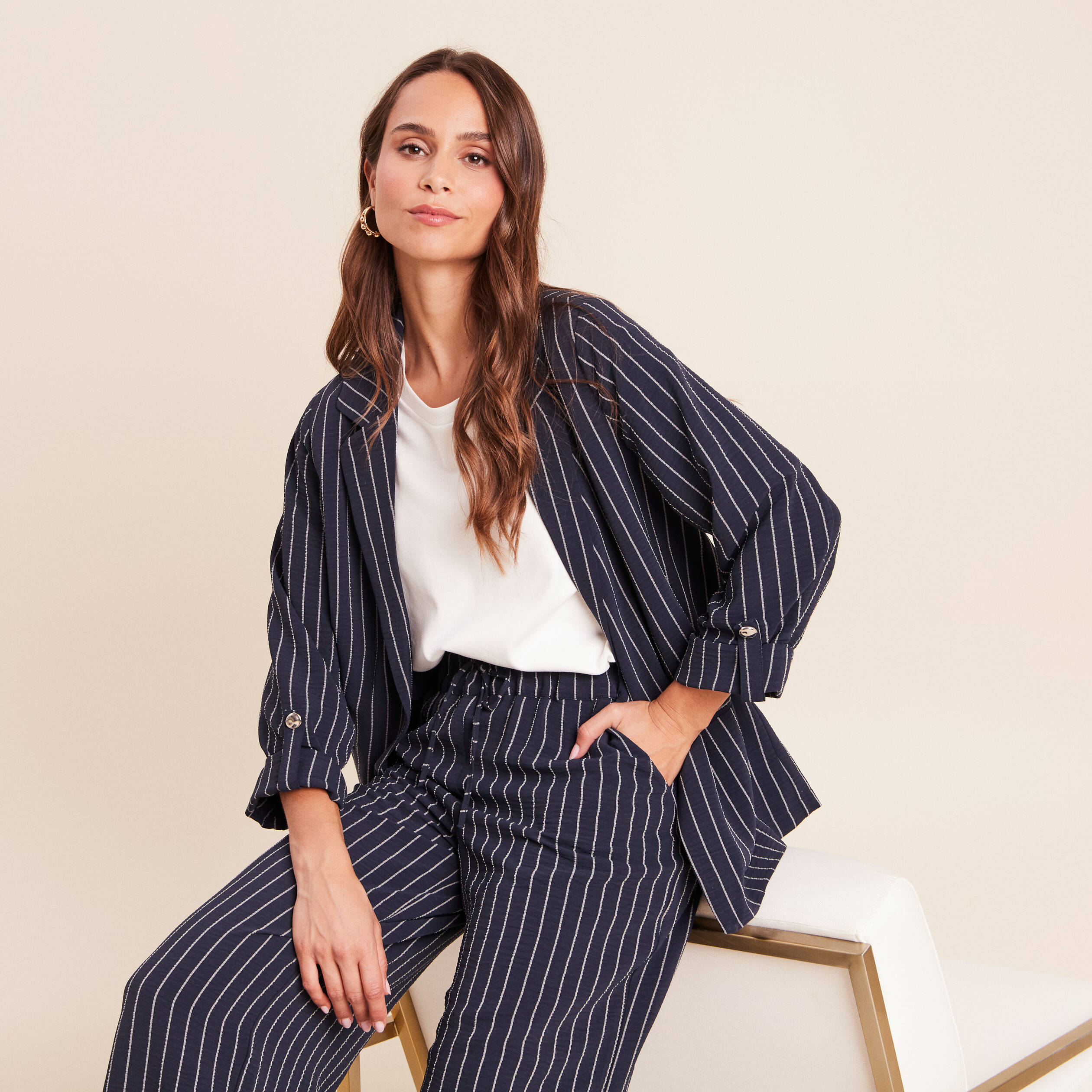 Veste droite longue manches 3/4 doubl&eacute;e bleu fonc&eacute; femme
