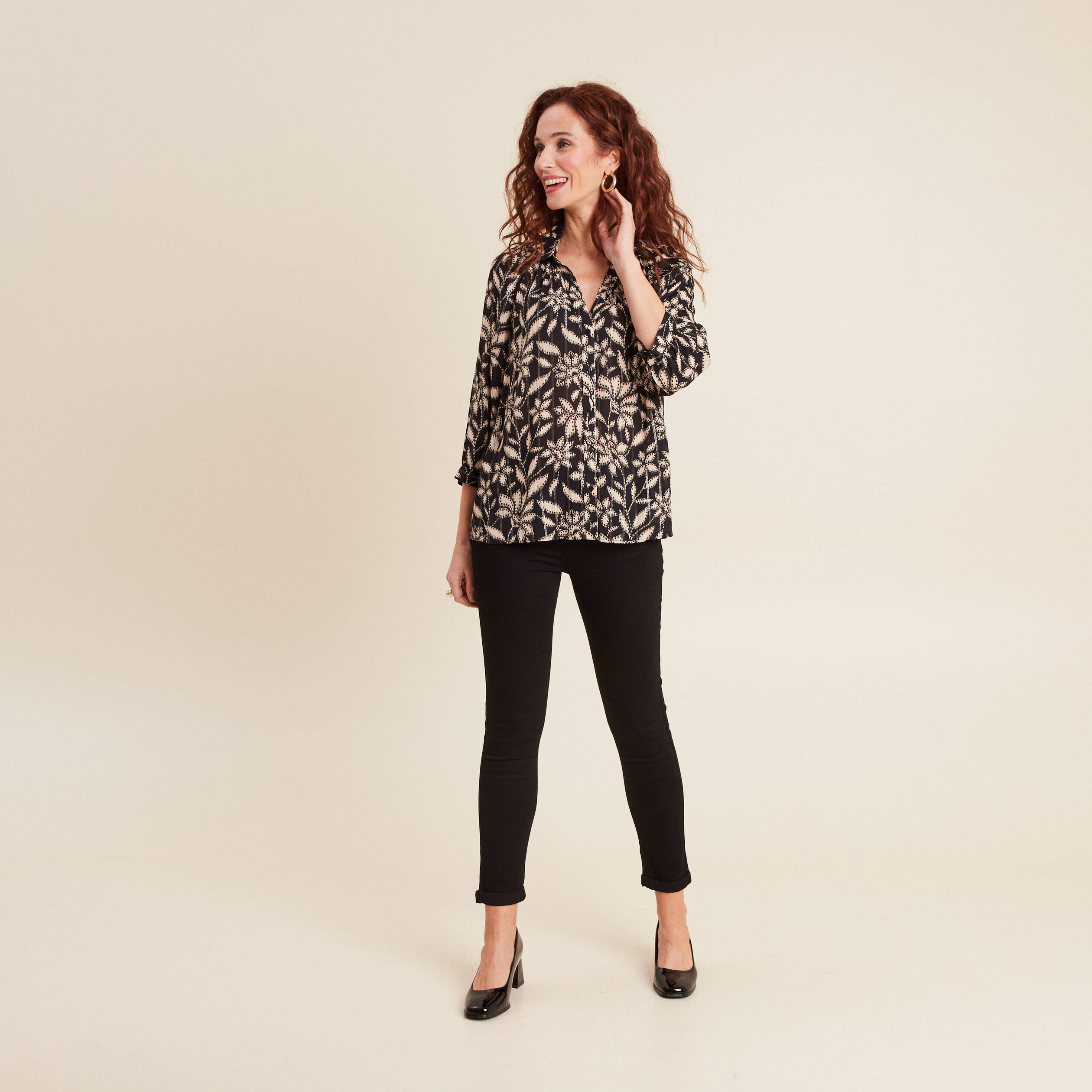 chemise manches 34 noir femme Chemise manches 3/4 noir femme