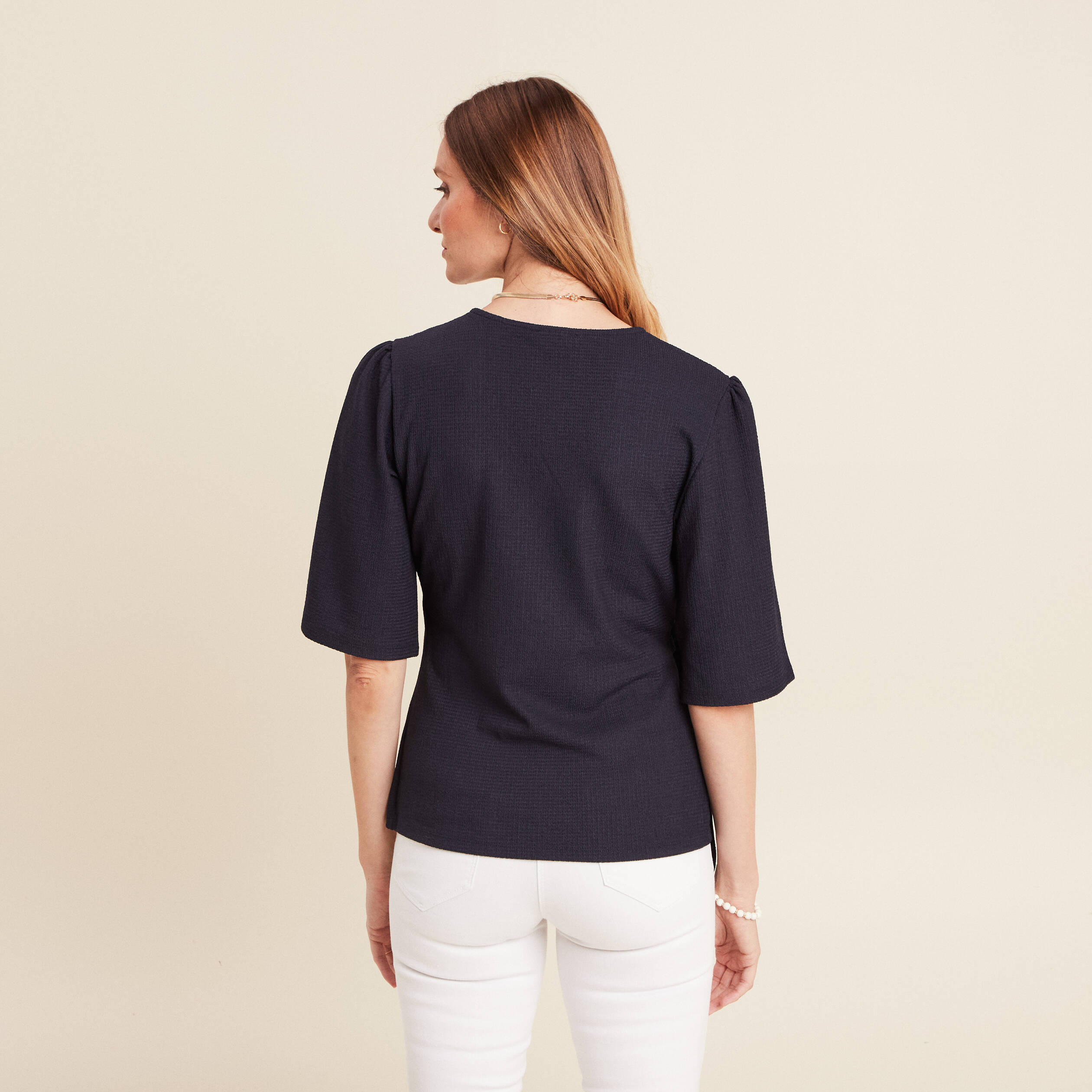 blouse col v manches coude bleu fonce femme Blouse col V manches coude bleu foncé femme