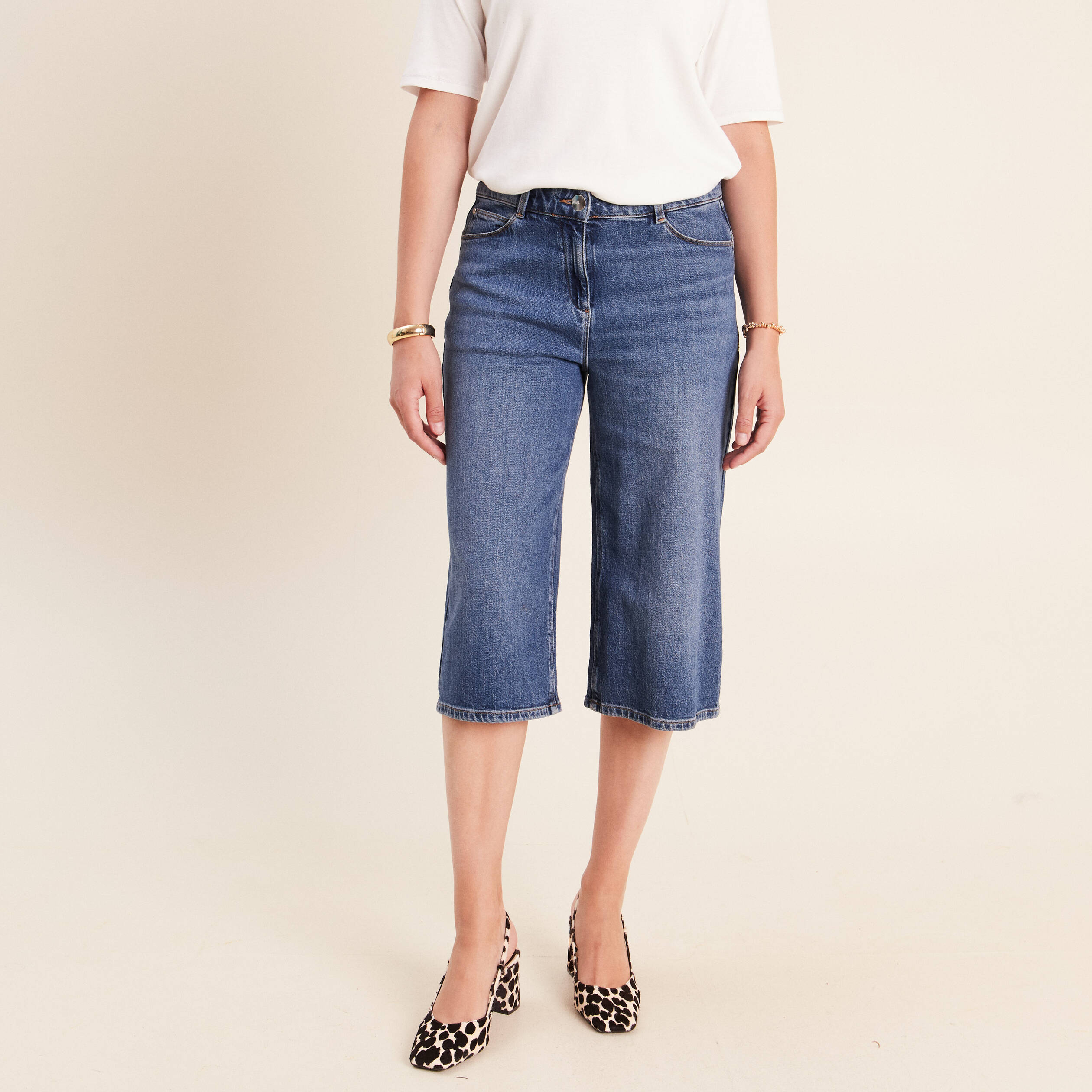 Jean bermuda taille haute denim denim stone femme