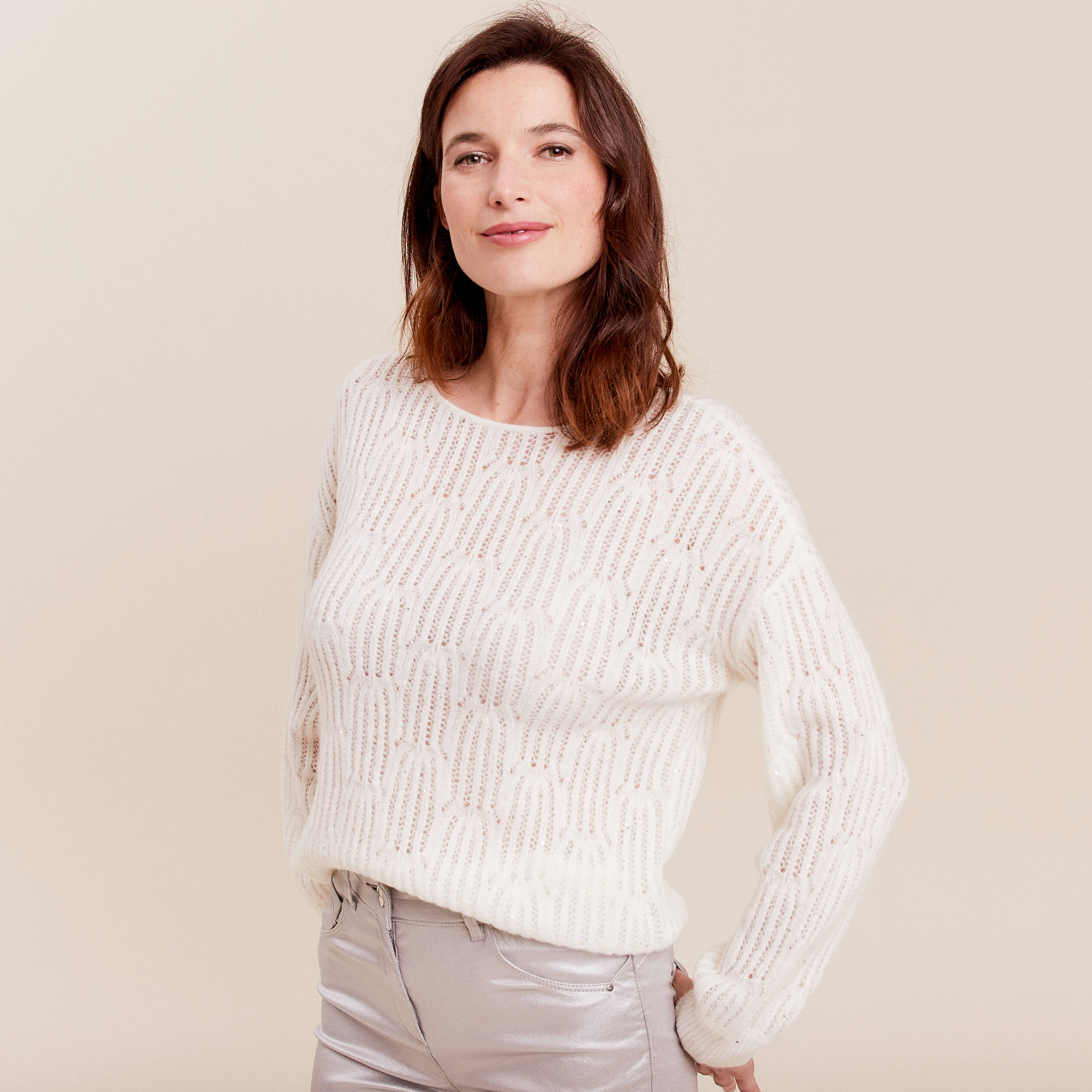 pull manches longues sequins ecru femme Pull manches longues sequins ecru femme