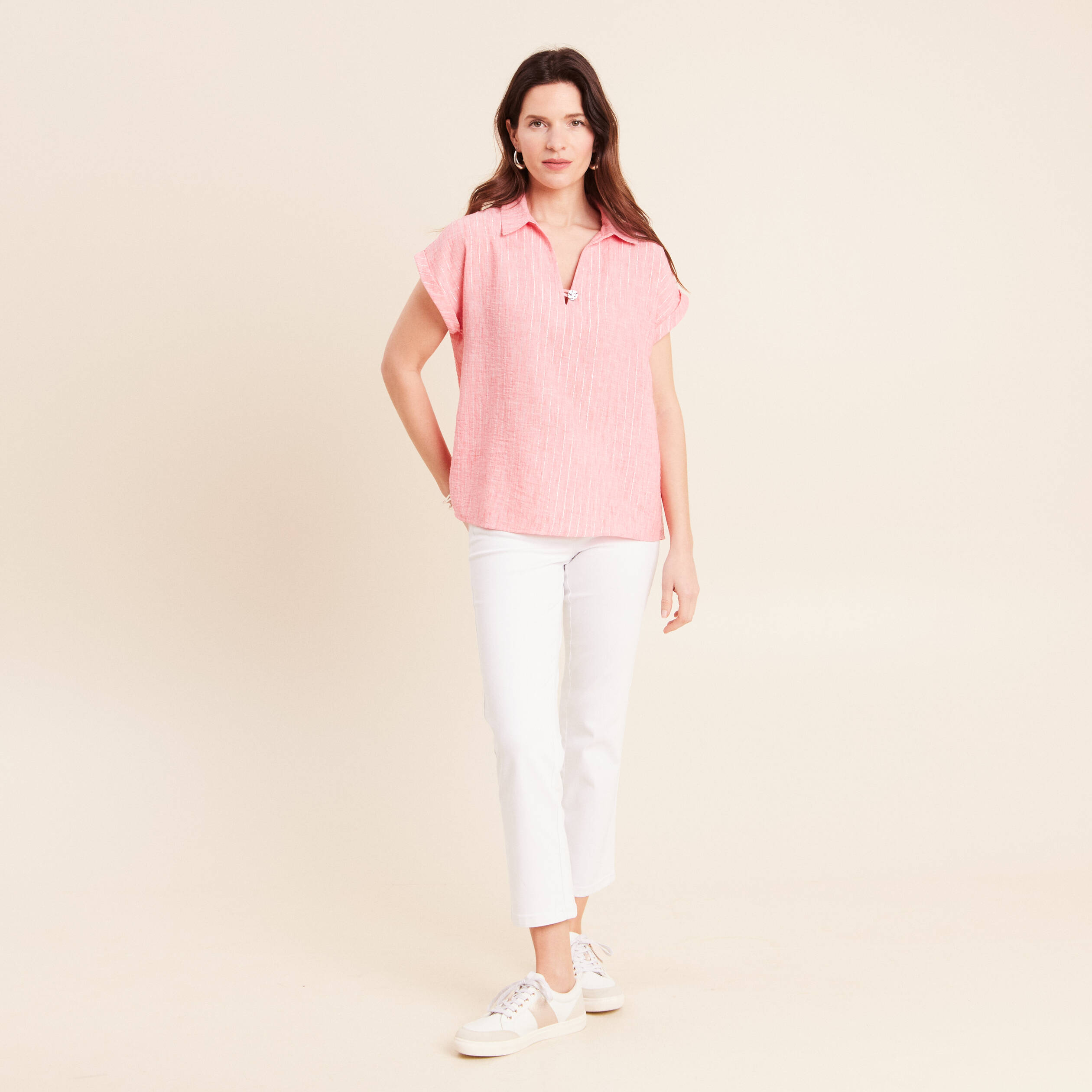 Blouse manches courtes fluide rose corail femme