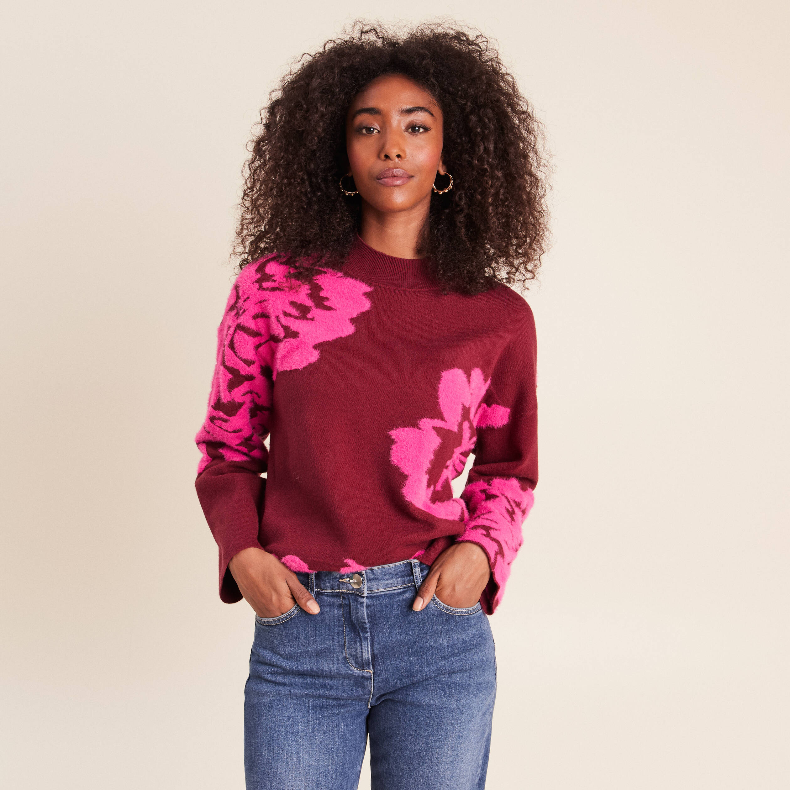 Pull col montant bordeaux femme