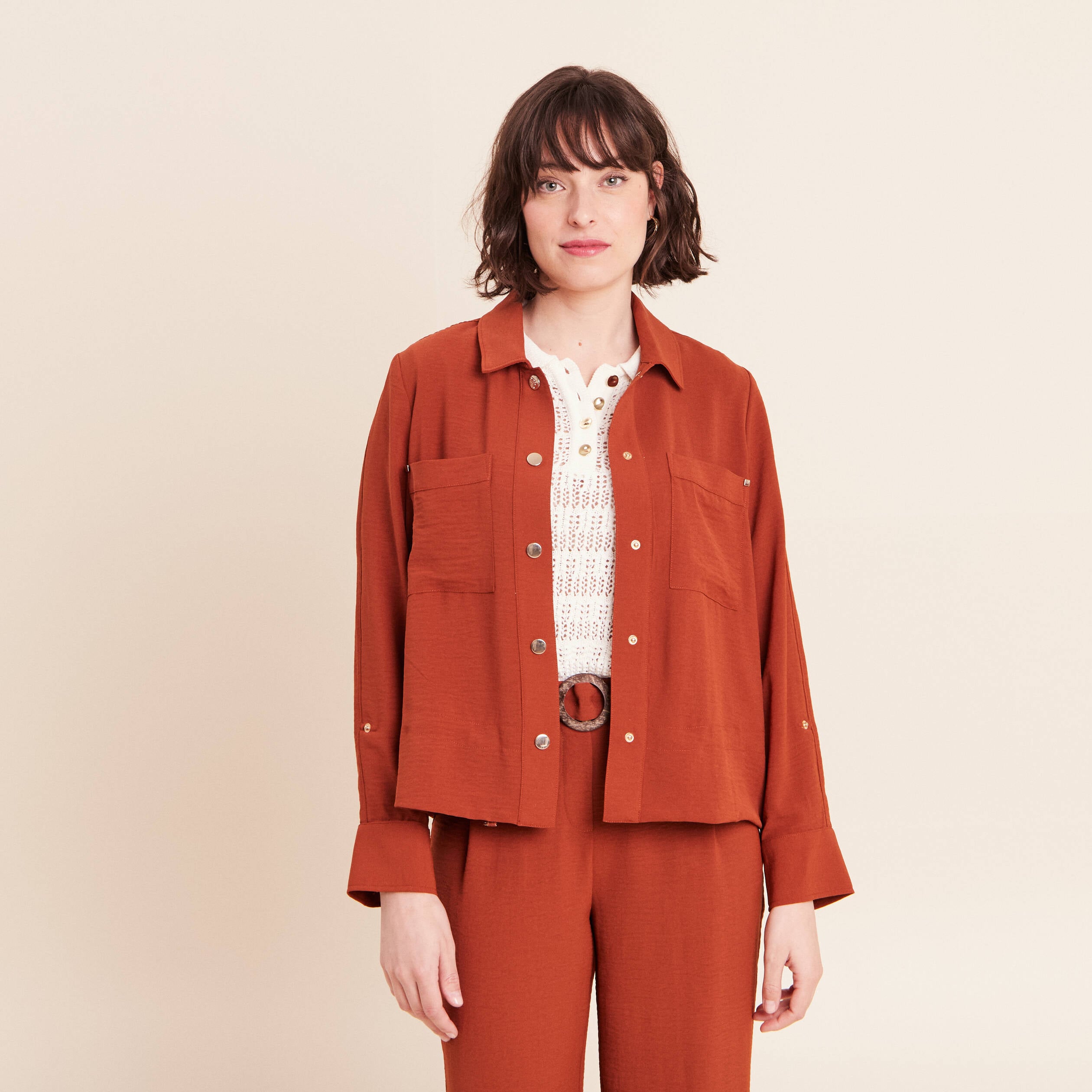 Veste fluide manches longues doubl&eacute;e marron fonc&eacute; femme