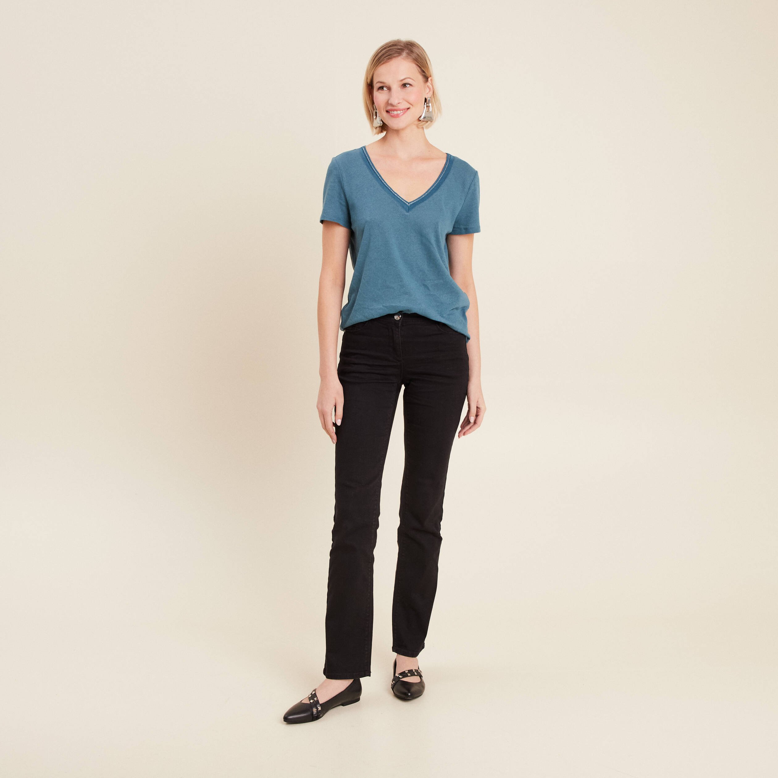t shirt manches courtes col en v bleu petrole femme T-shirt manches courtes col en V bleu pétrole femme