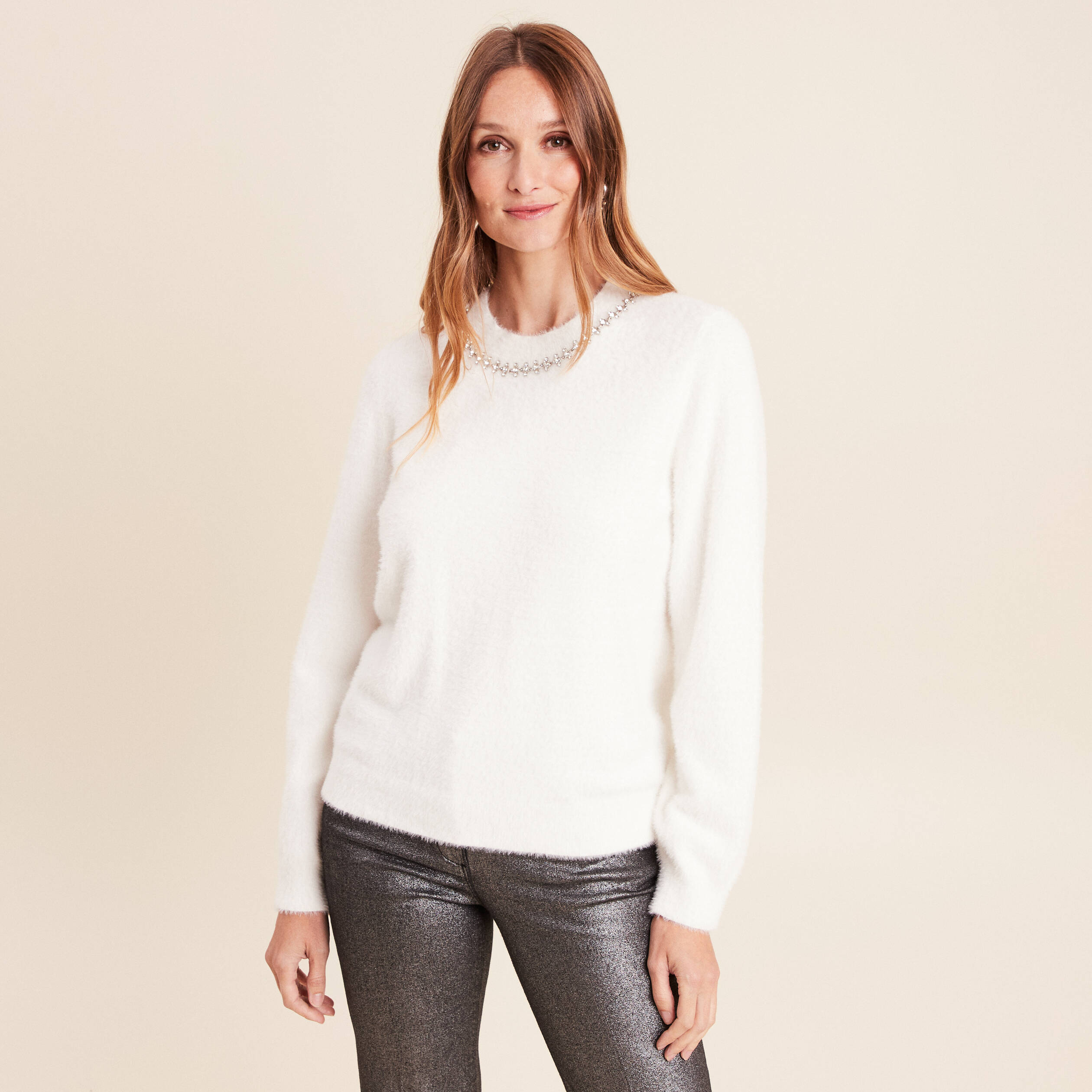 Pull manches longues ecru femme