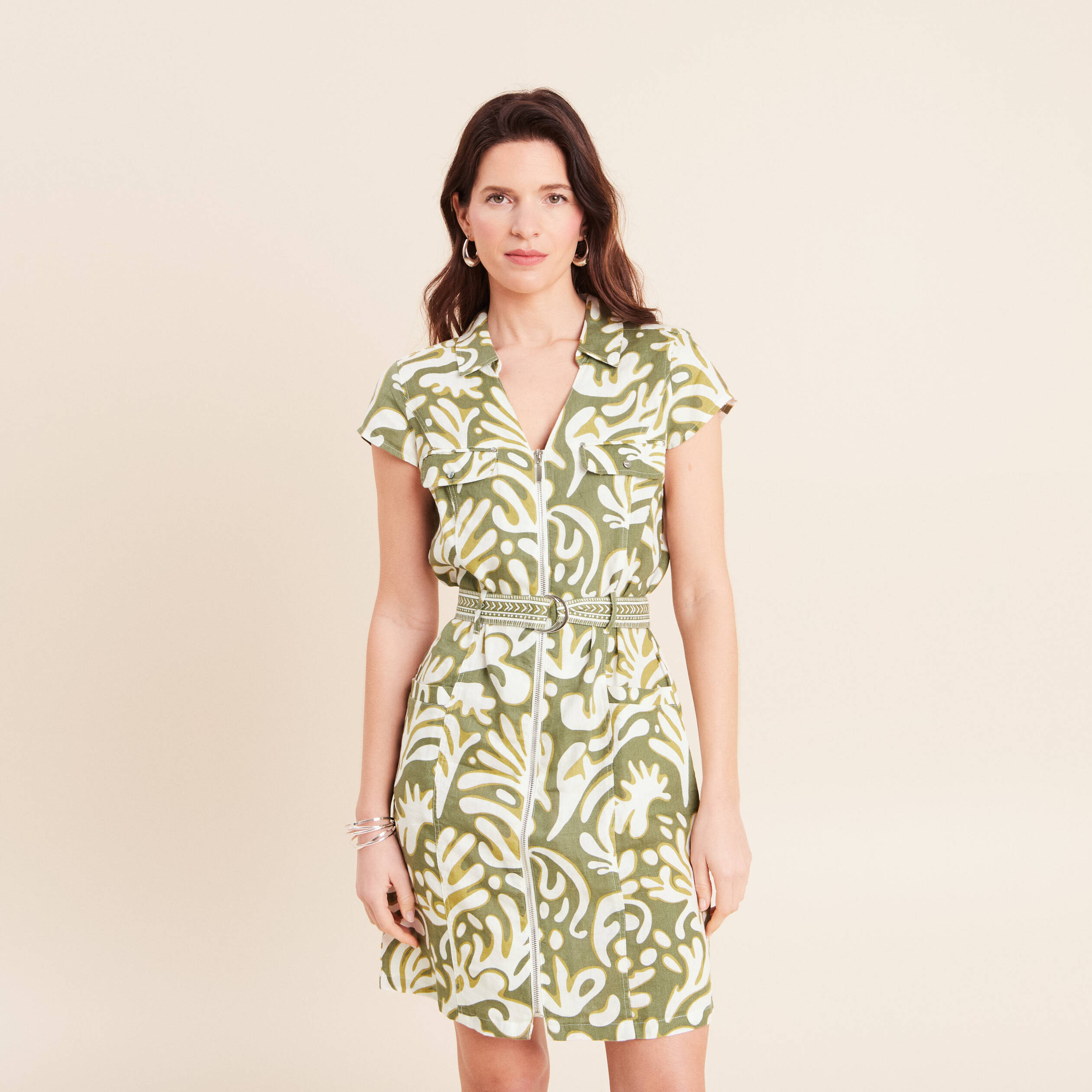 Robe droite zipp&eacute;e vert femme