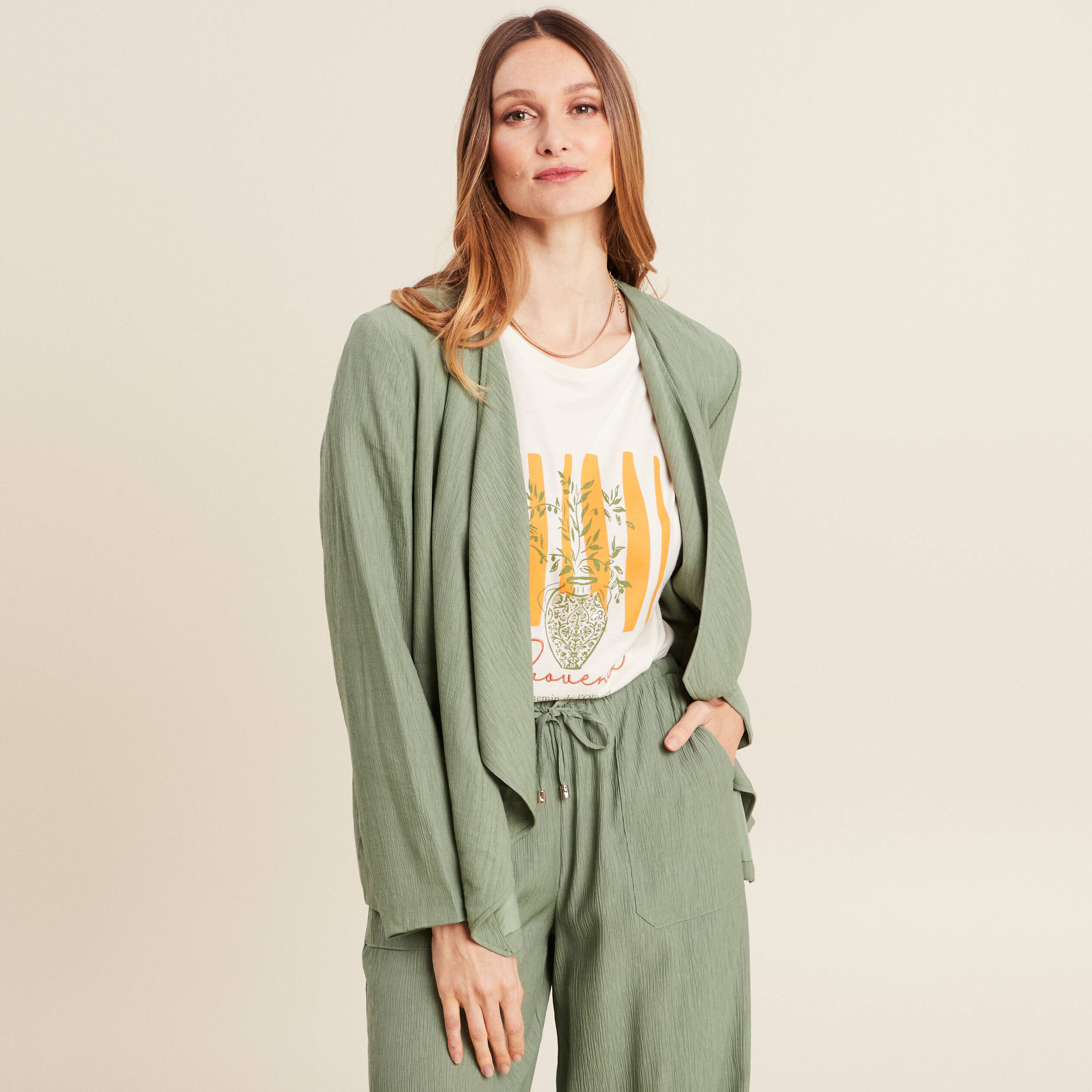 Veste fluide col cascade vert kaki femme