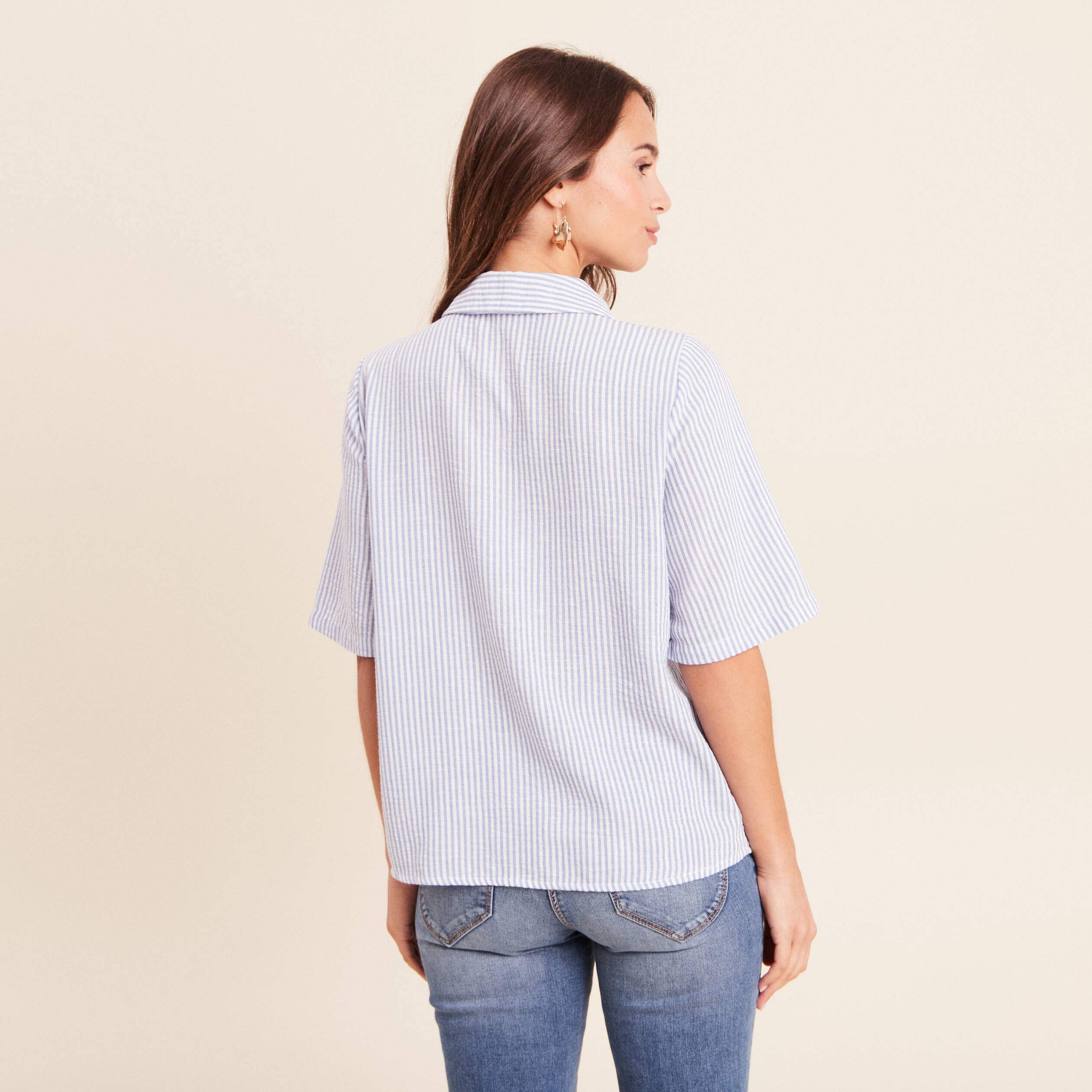 Blouse ample col chemise manches courtes bleu femme
