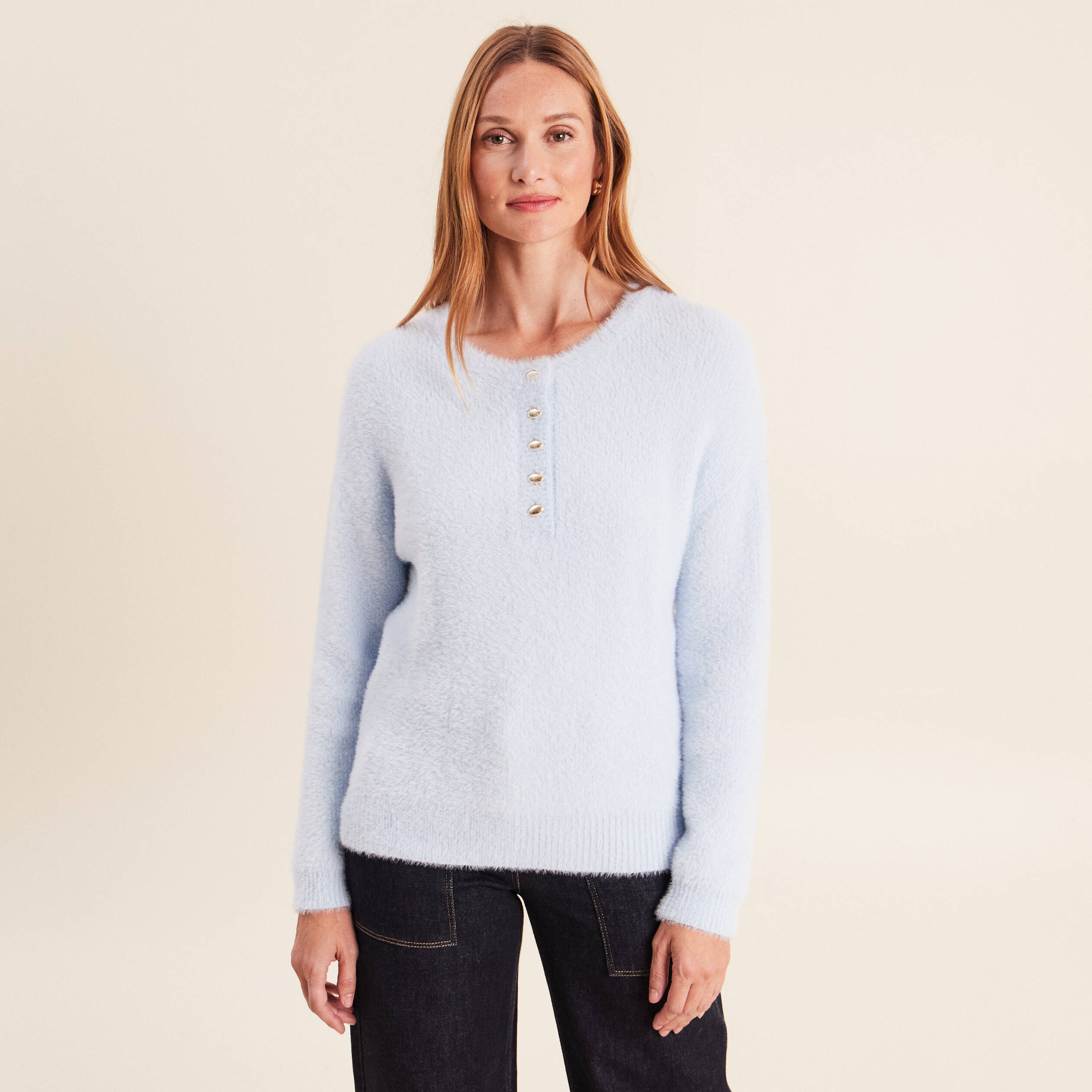 Pull col tunisien bleu pastel femme