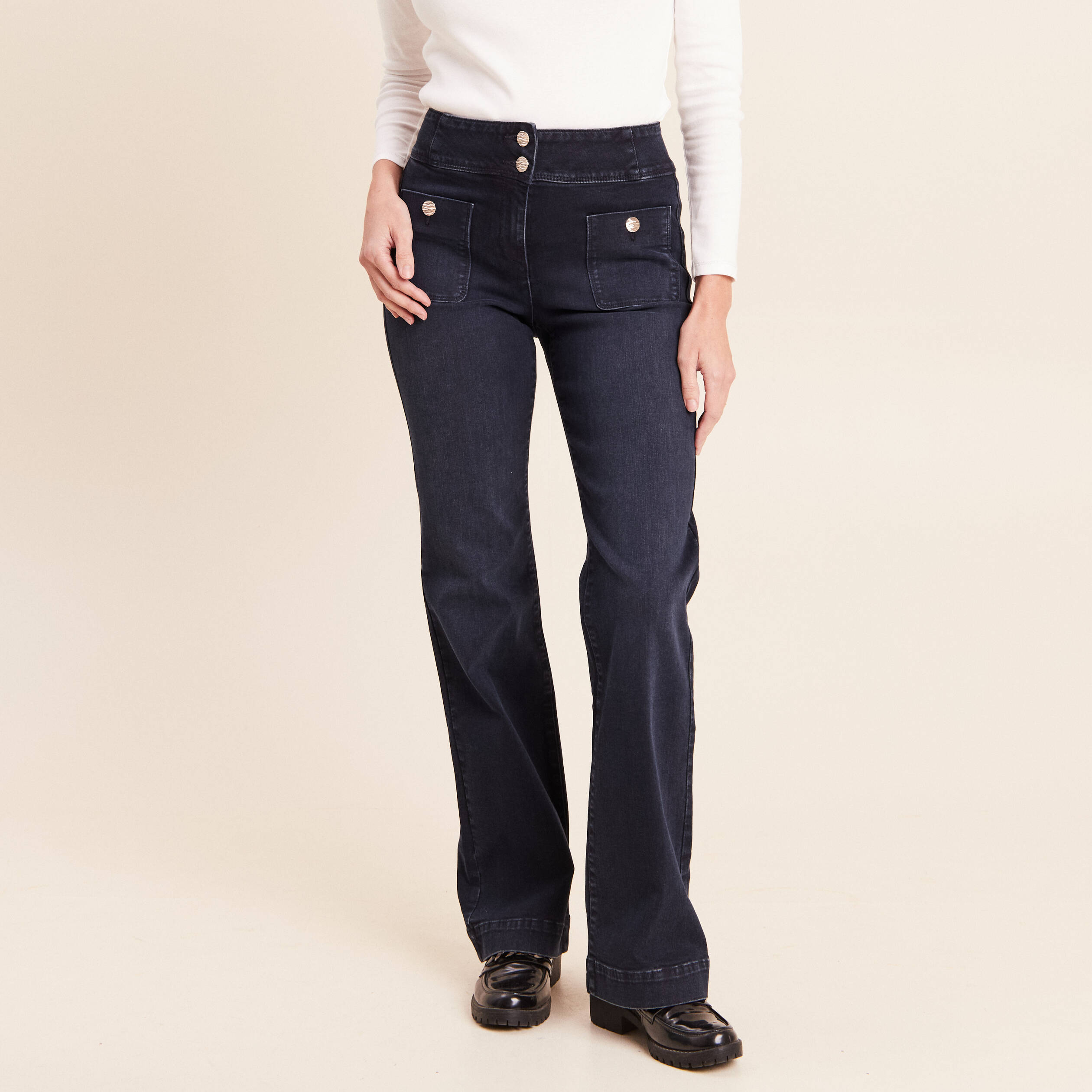 Jean coupe bootcut taille haute denim blue black femme
