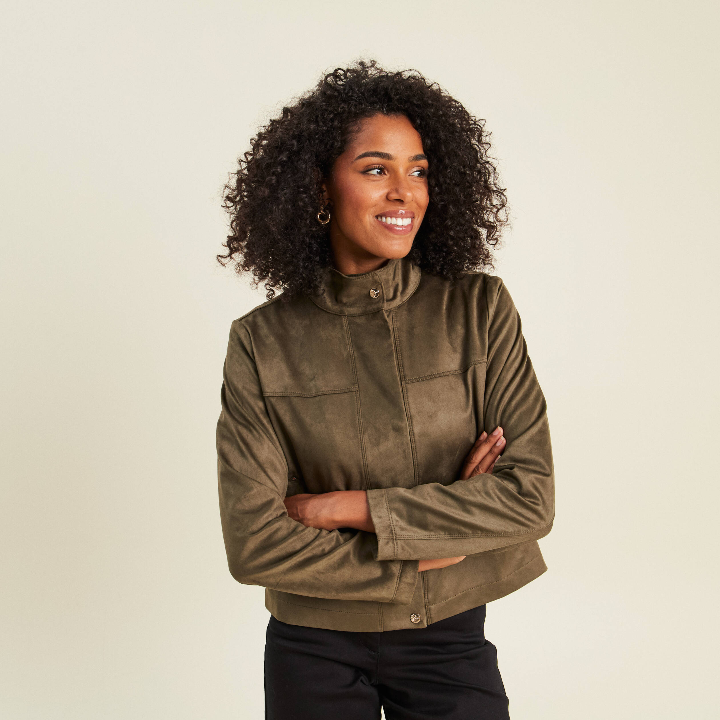 Veste ample col montant doubl&eacute;e vert kaki femme