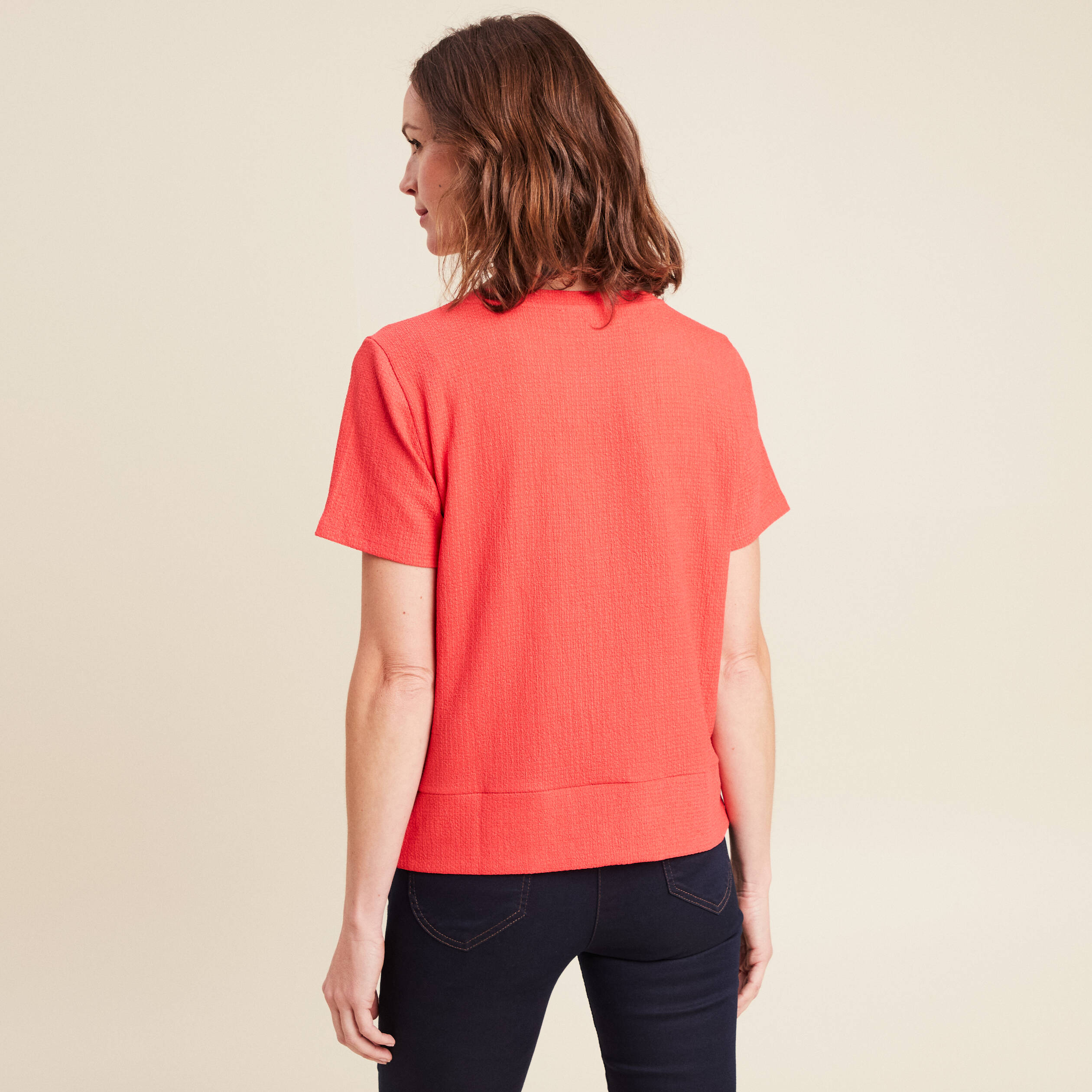 top court bas resserre col rond rouge corail femme Top court bas resserré col rond rouge corail femme