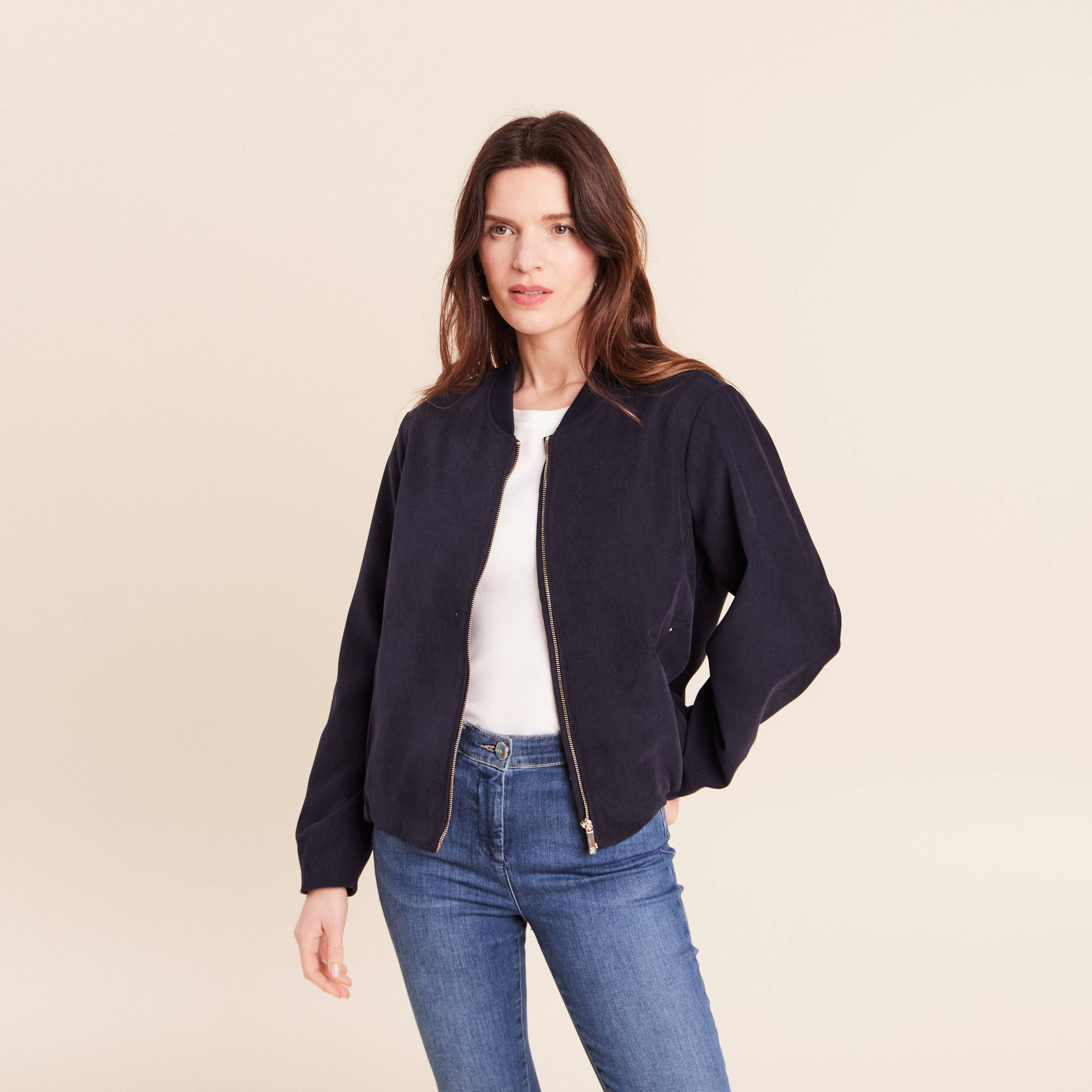 Bomber manches longues en velours doubl&eacute; bleu fonc&eacute; femme