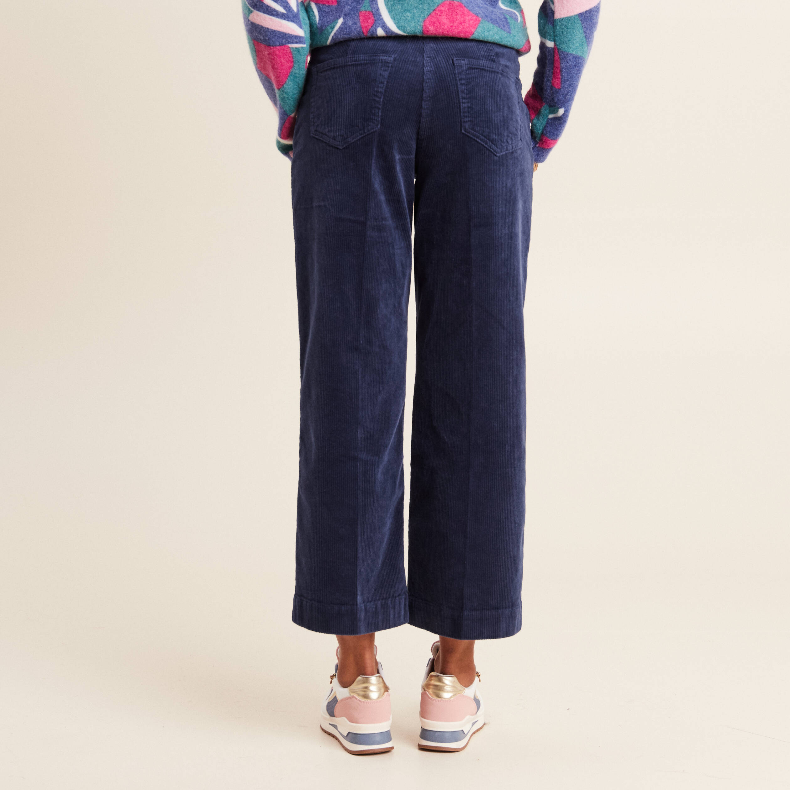 Pantalon large velours c&ocirc;tel&eacute; bleu marine femme