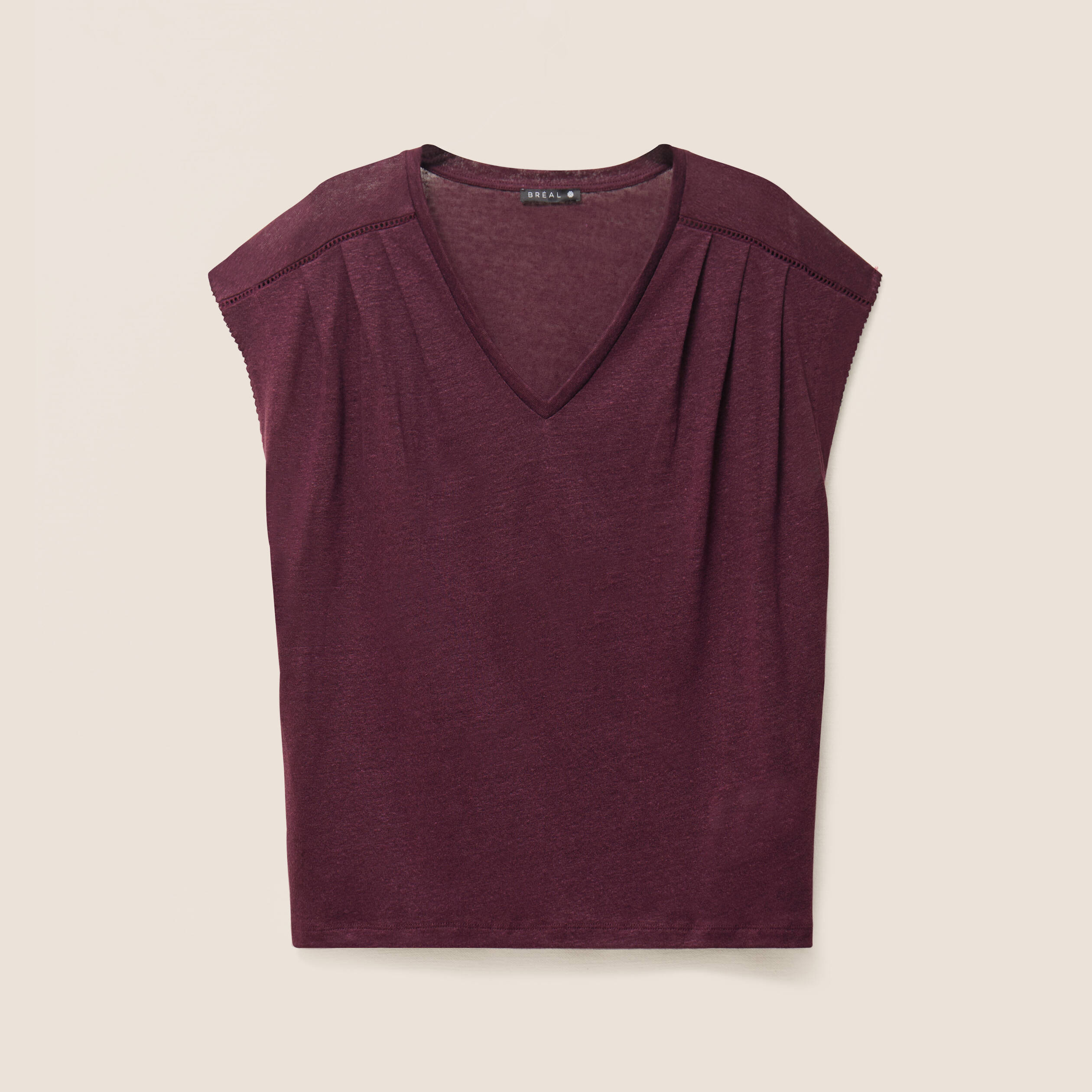 Top col v manches courtes en lin prune femme