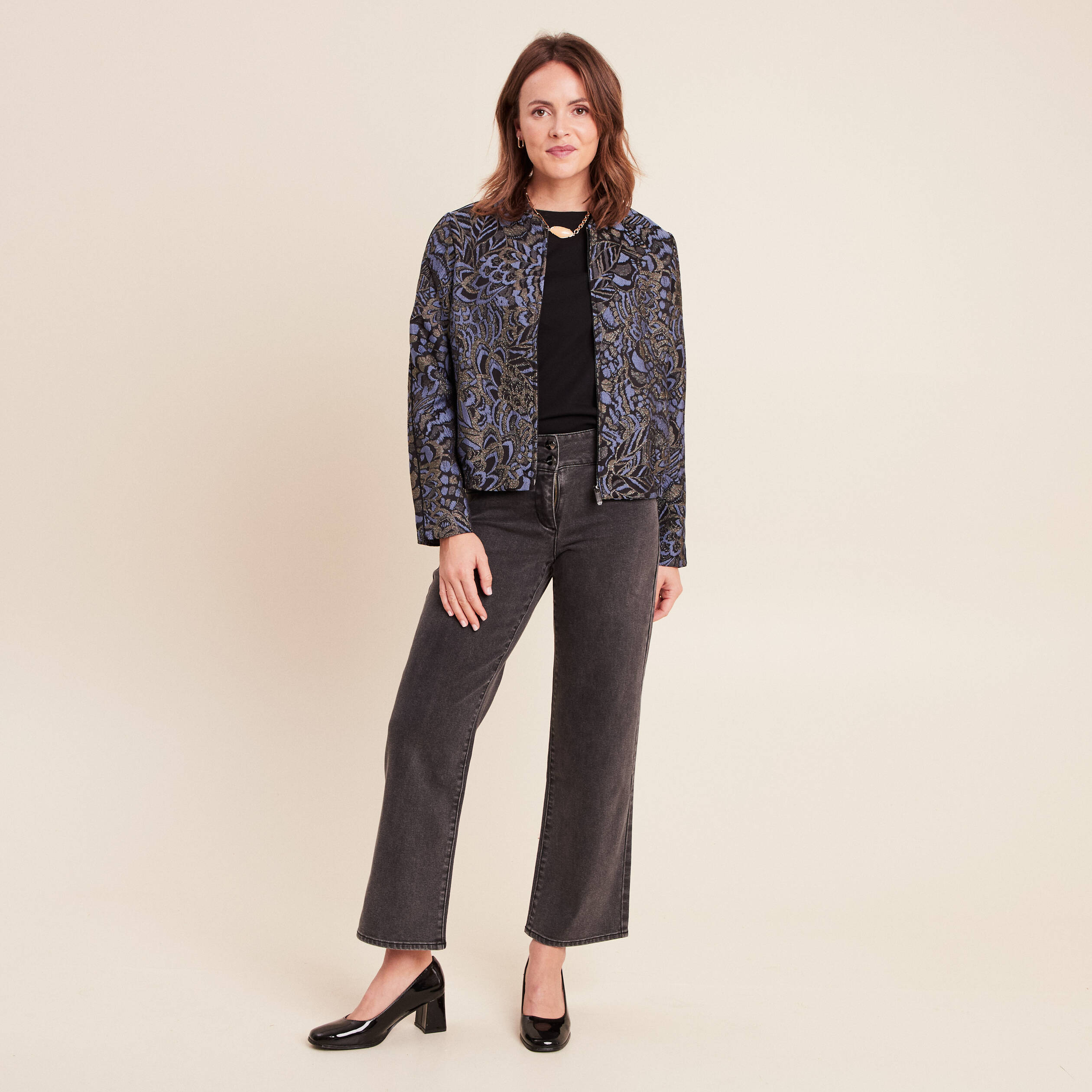 Veste bas resserr&eacute; manches longues bleu femme