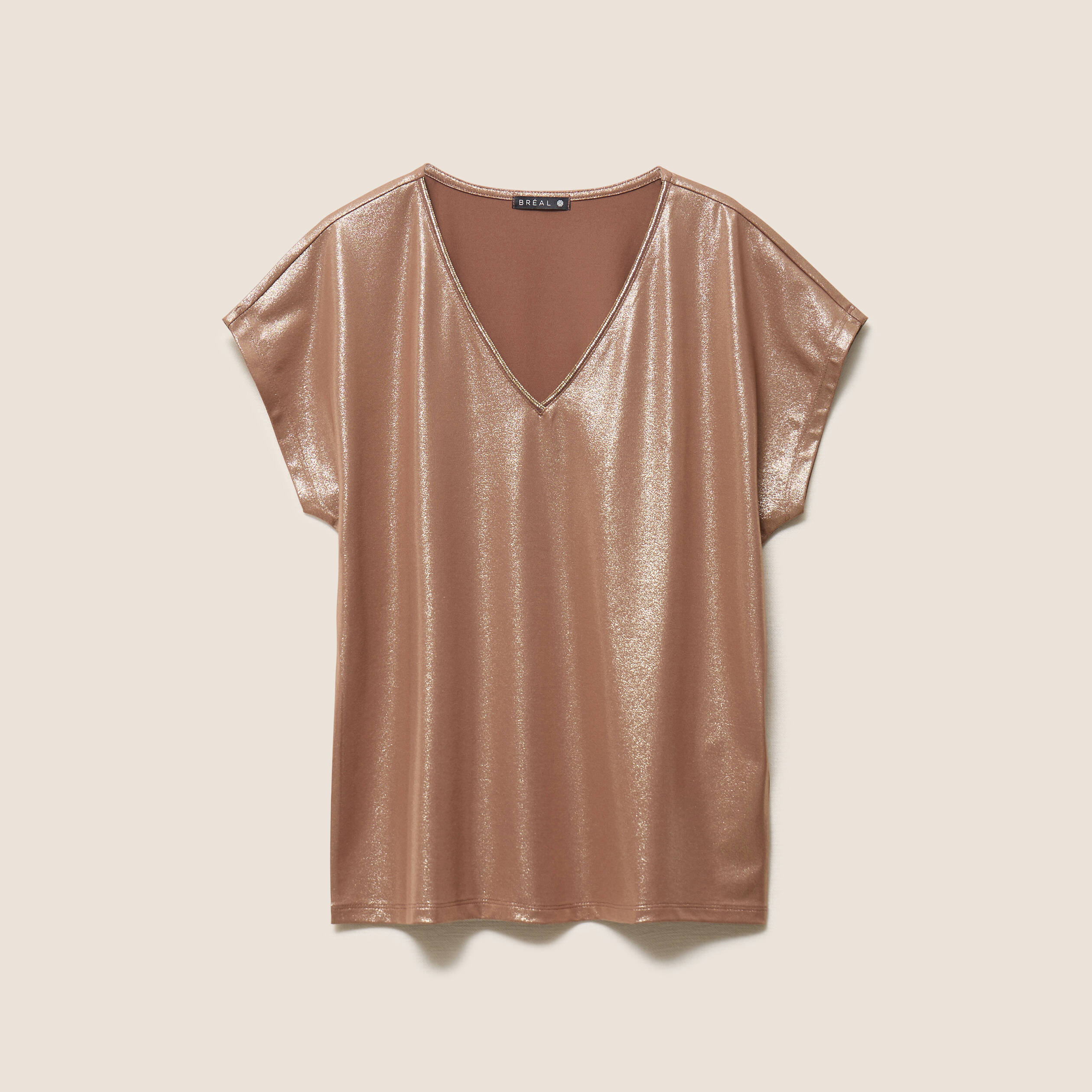 T-shirt col V manches courtes marron femme