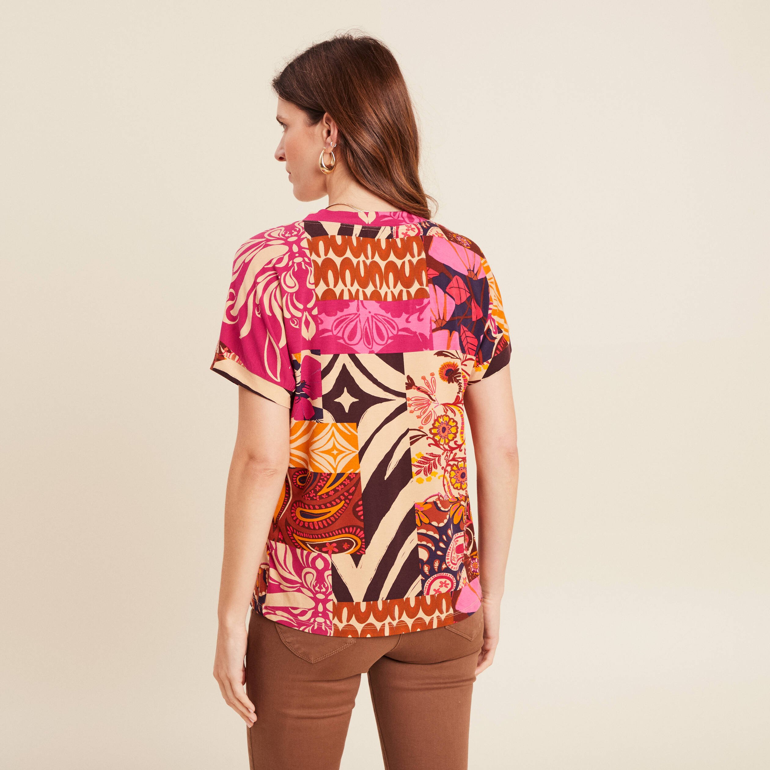 t shirt col v manches courtes rose femme T-shirt col v manches courtes rose femme