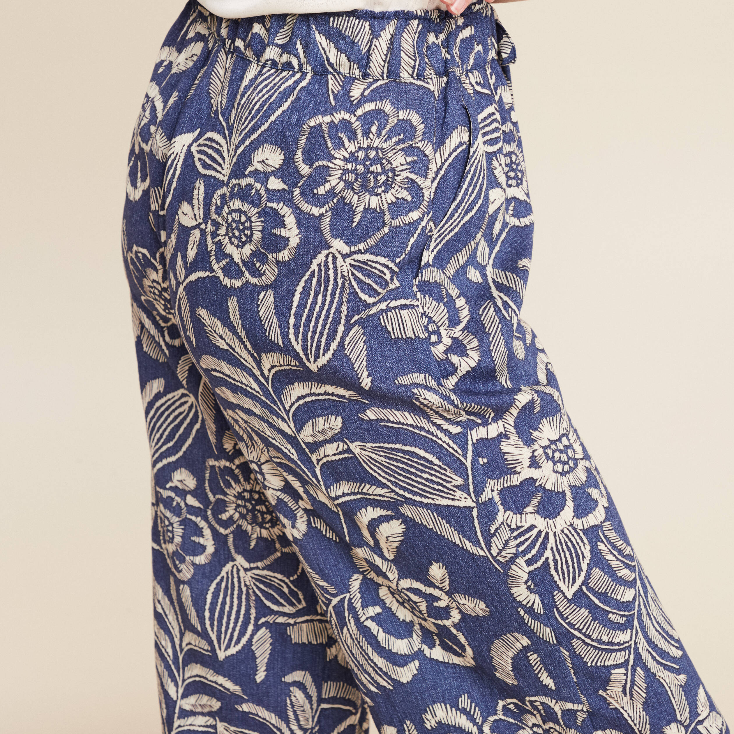 Pantalon large taille haute bleu femme