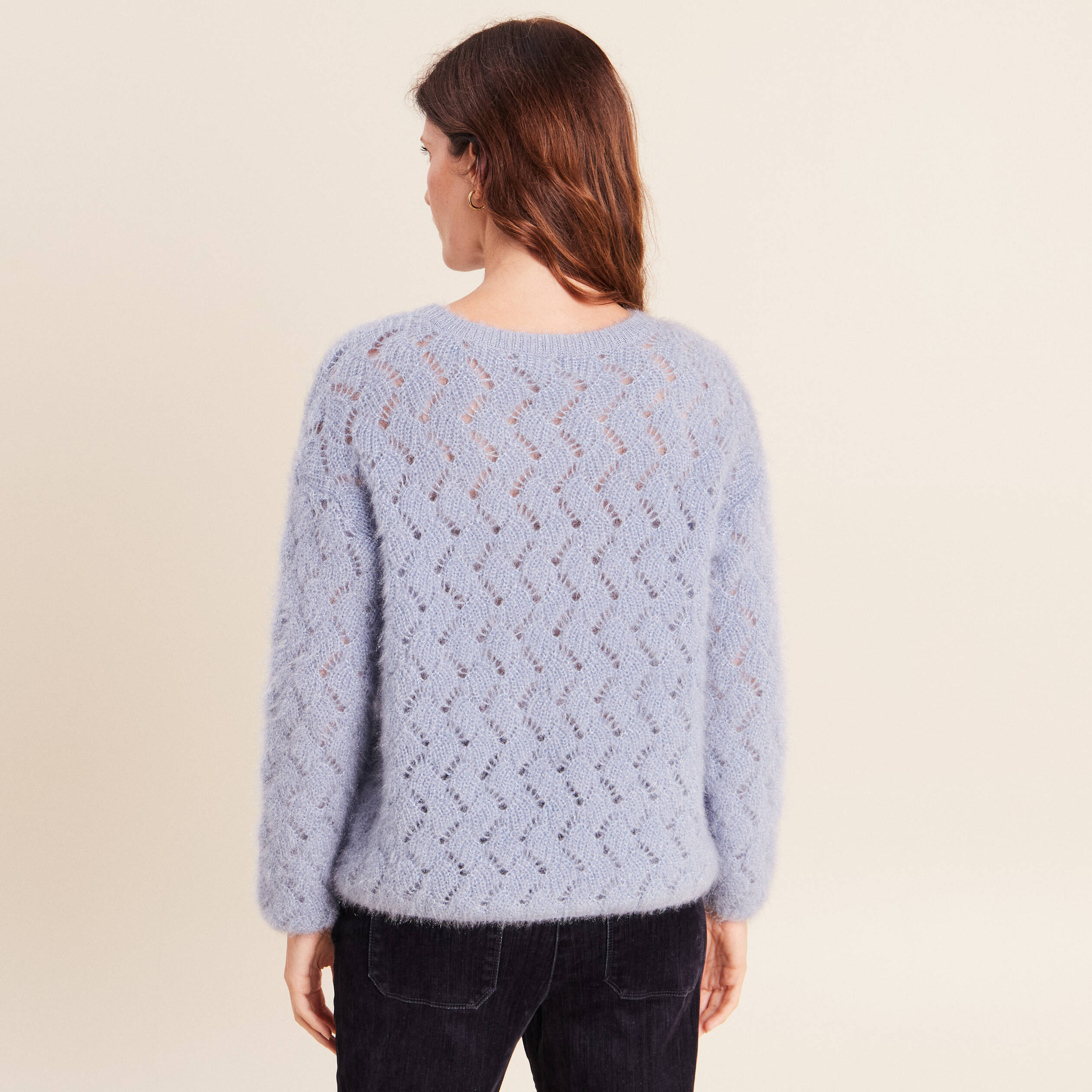 Pull manches longues ajour&eacute; denim snow gris femme