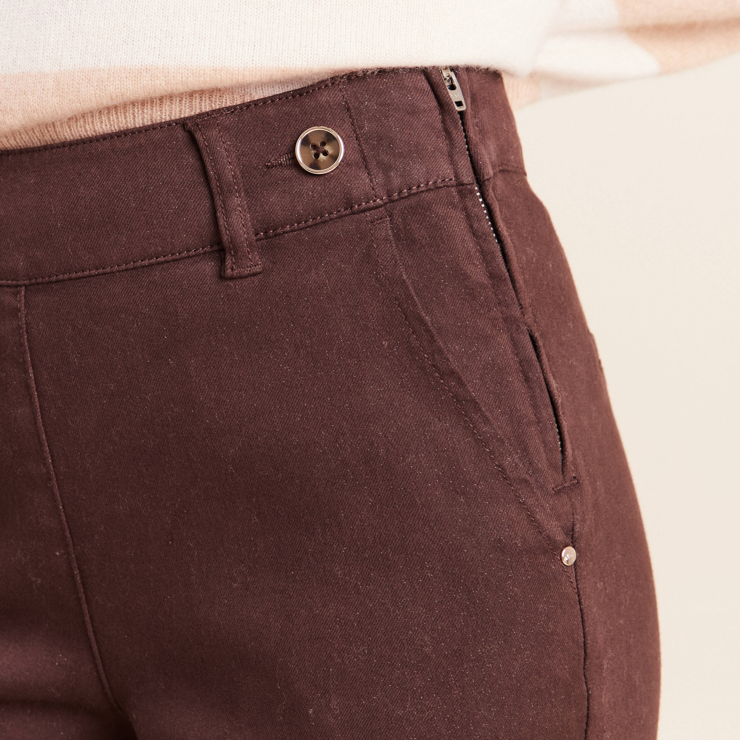 Jean large taille haute &agrave; paillettes marron fonc&eacute; femme