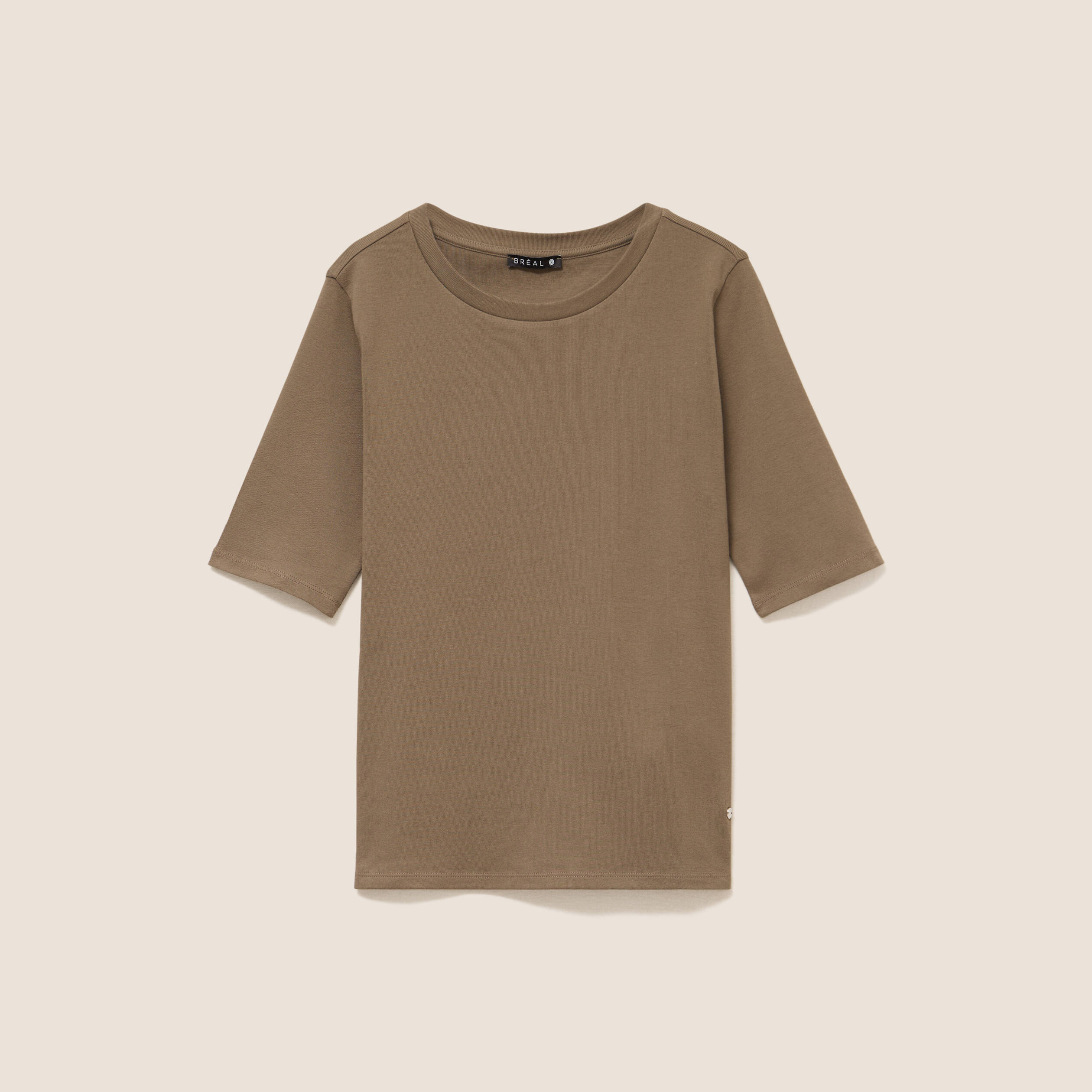 T-shirt ajust&eacute; col rond manches coudes vert kaki femme
