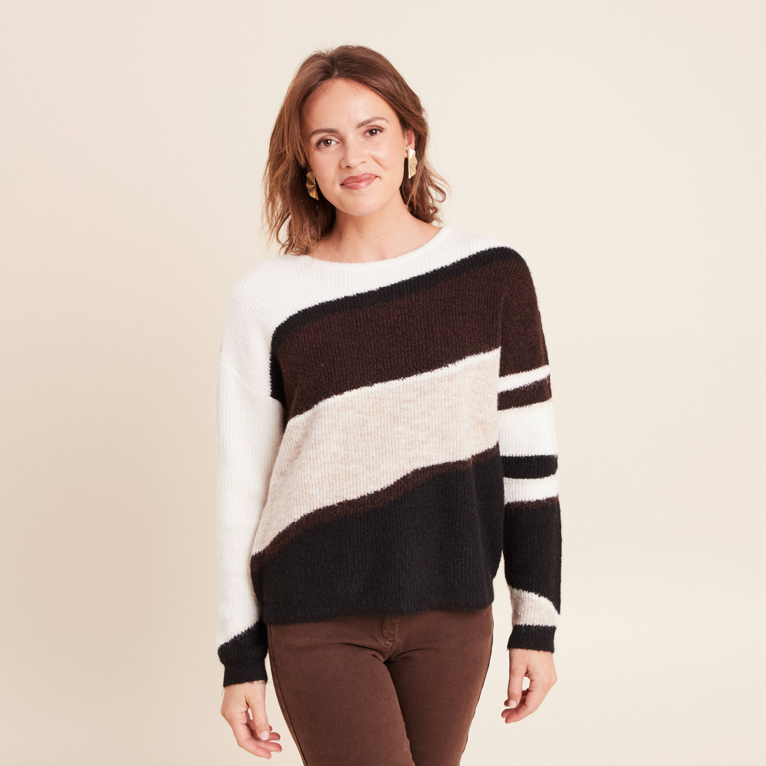 Pull col rond manches longues creme femme