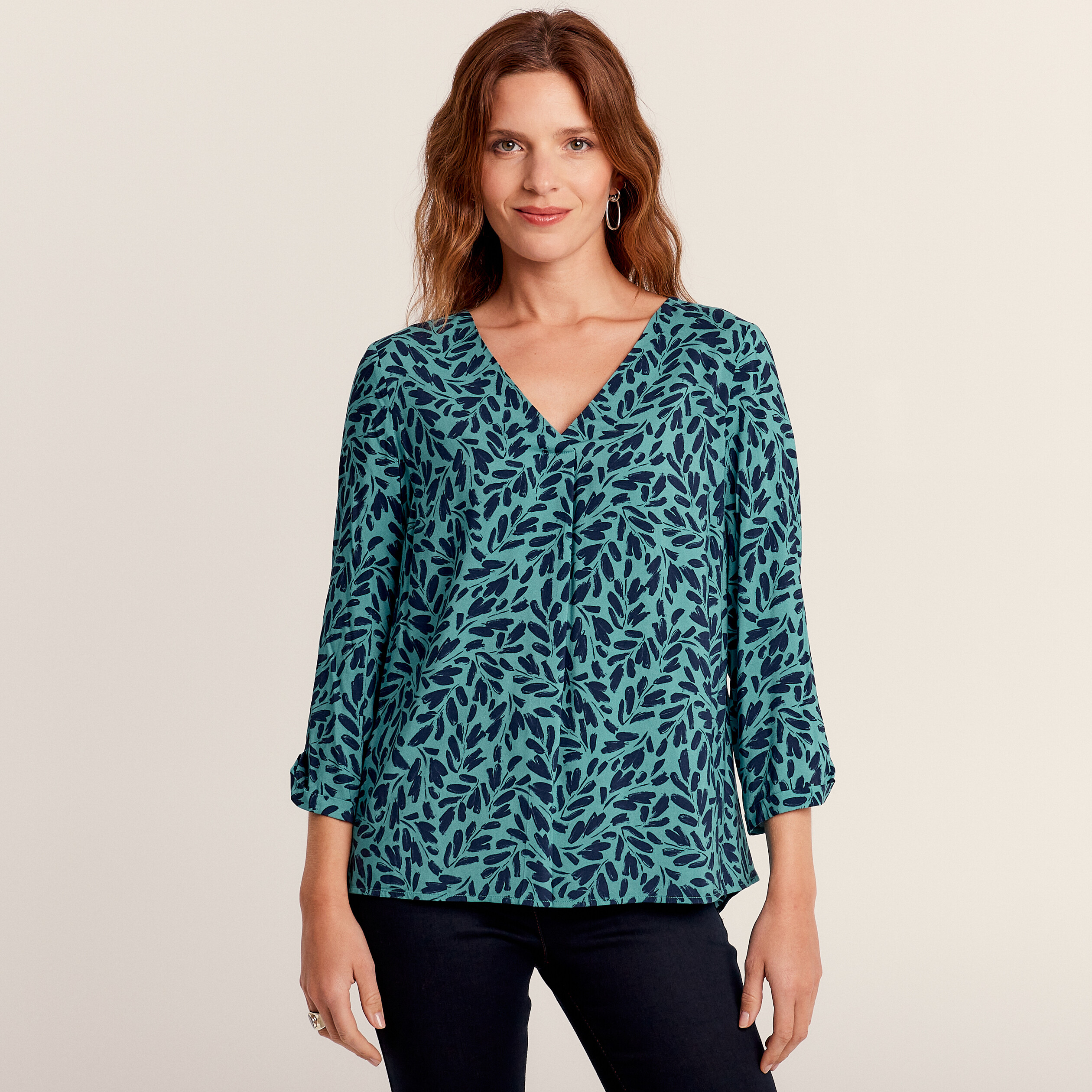 Blouse manches 3/4 bleu canard femme